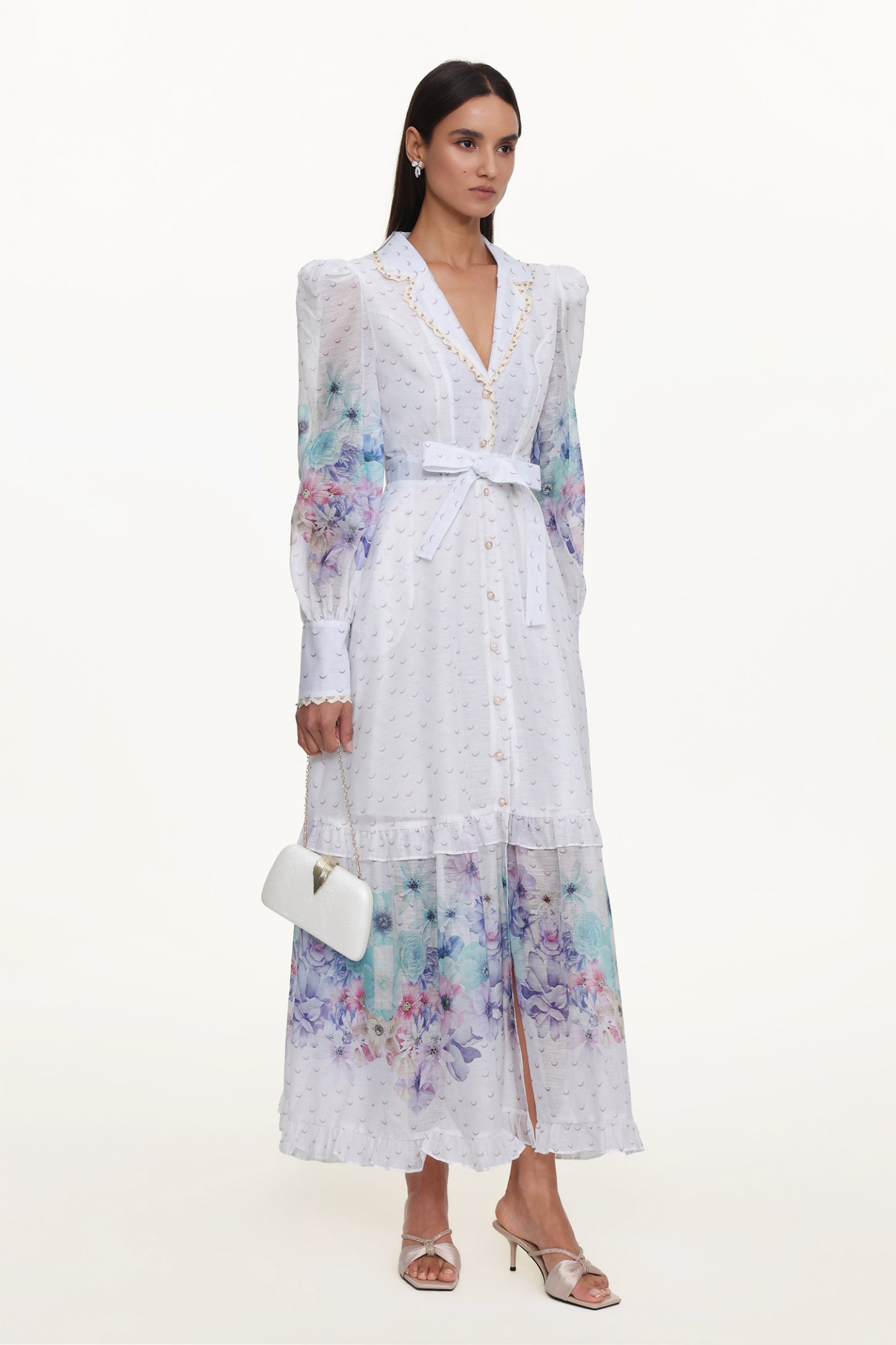 Rina Resort Flowy Long Sleeve Floral Print Ruffle Woven Maxi Dress