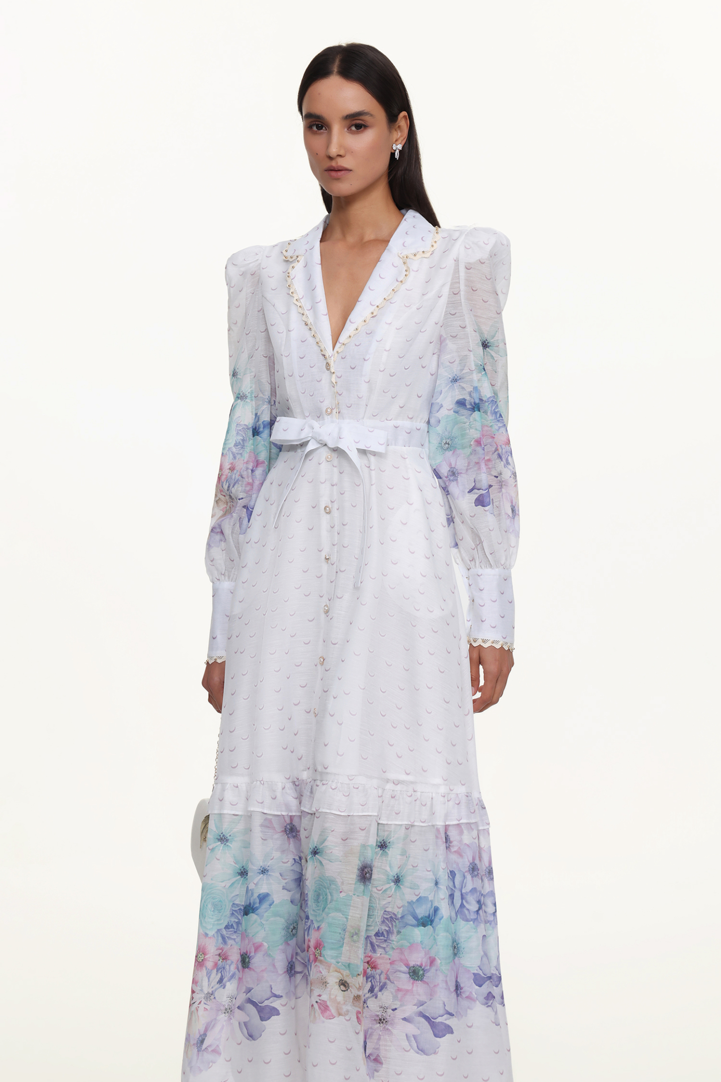 Rina Resort Flowy Long Sleeve Floral Print Ruffle Woven Maxi Dress