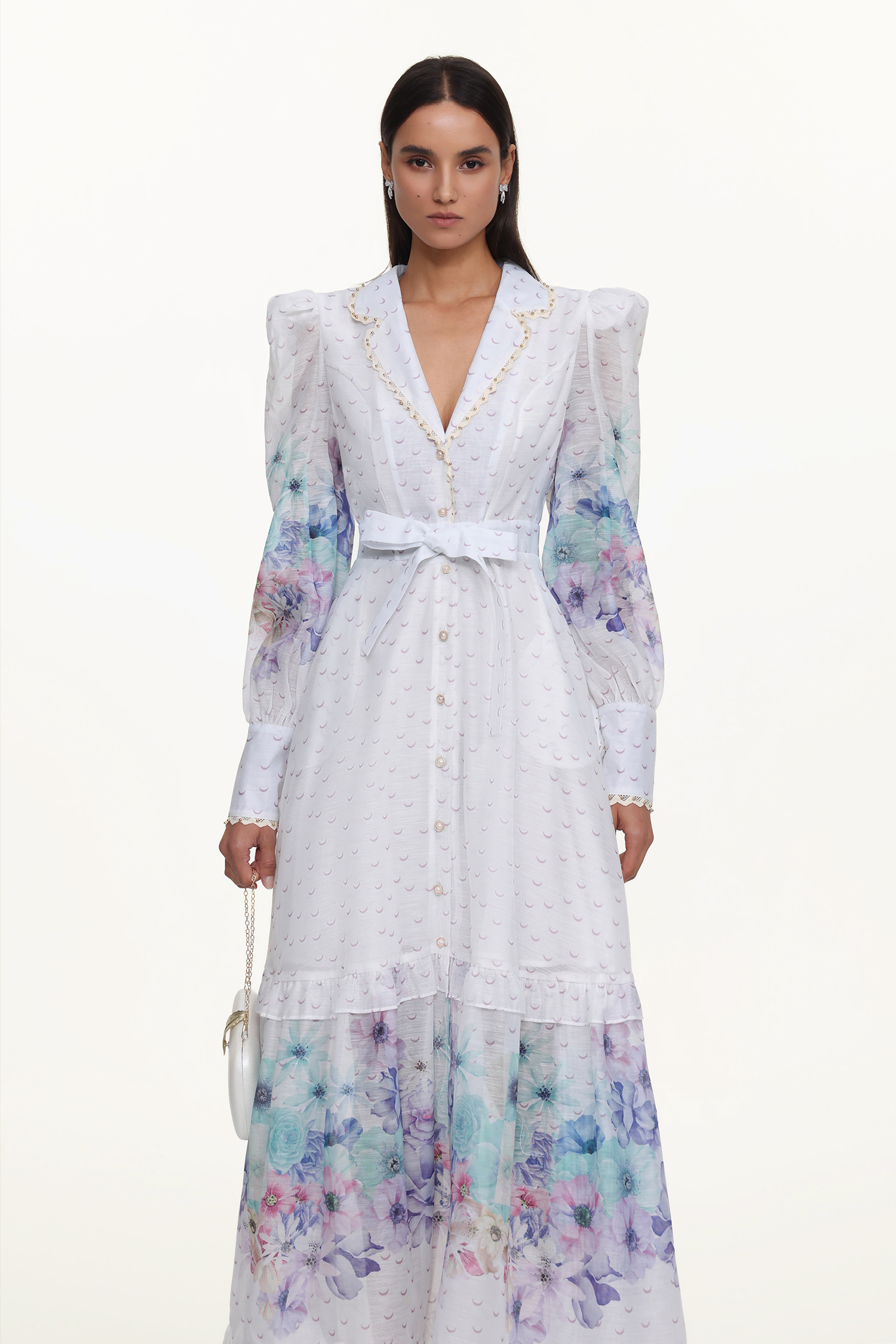 Rina Resort Flowy Long Sleeve Floral Print Ruffle Woven Maxi Dress