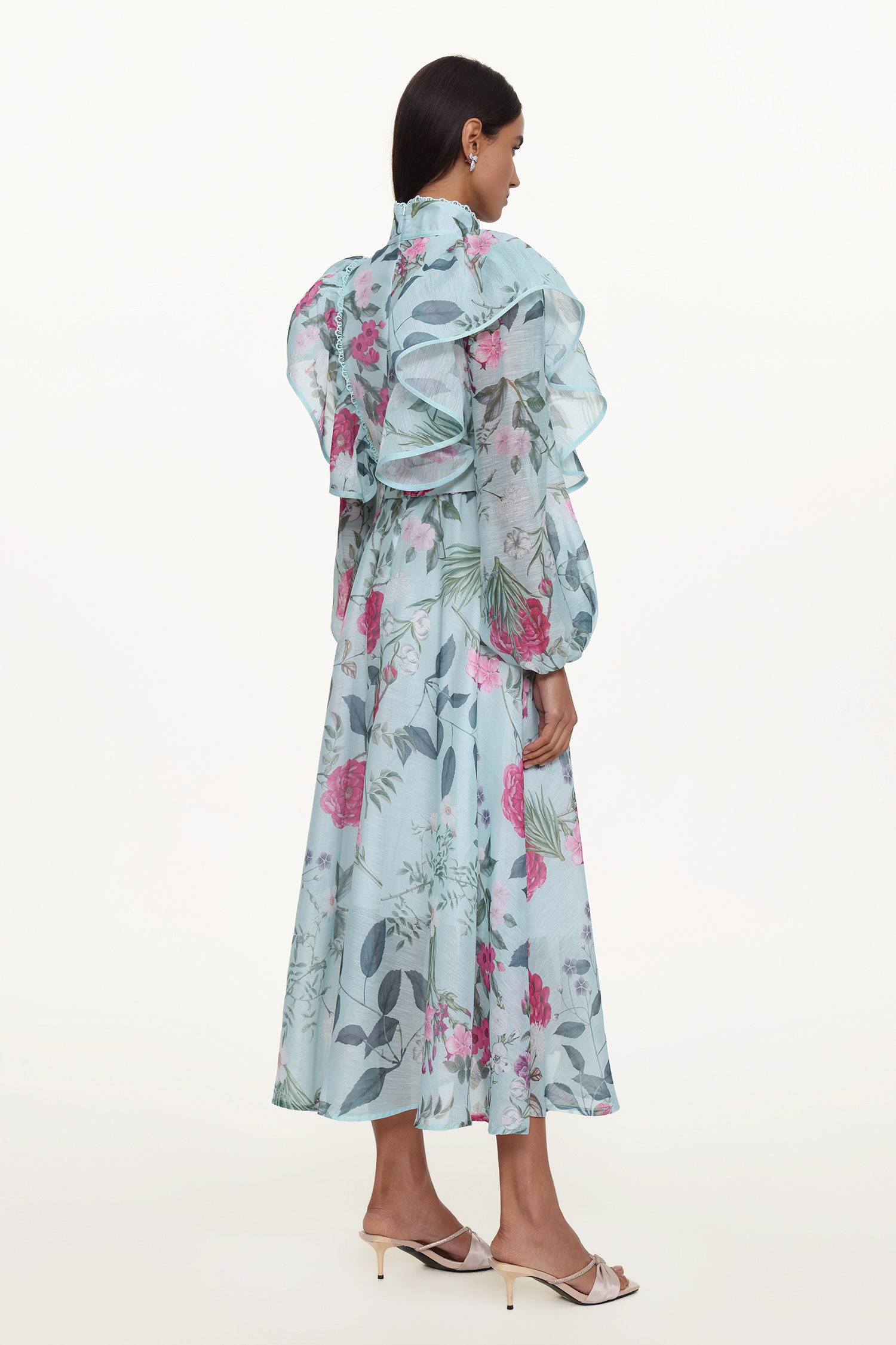 Emberson Resort Flowy Long Sleeve Floral Print Ruffle Woven Maxi Dress