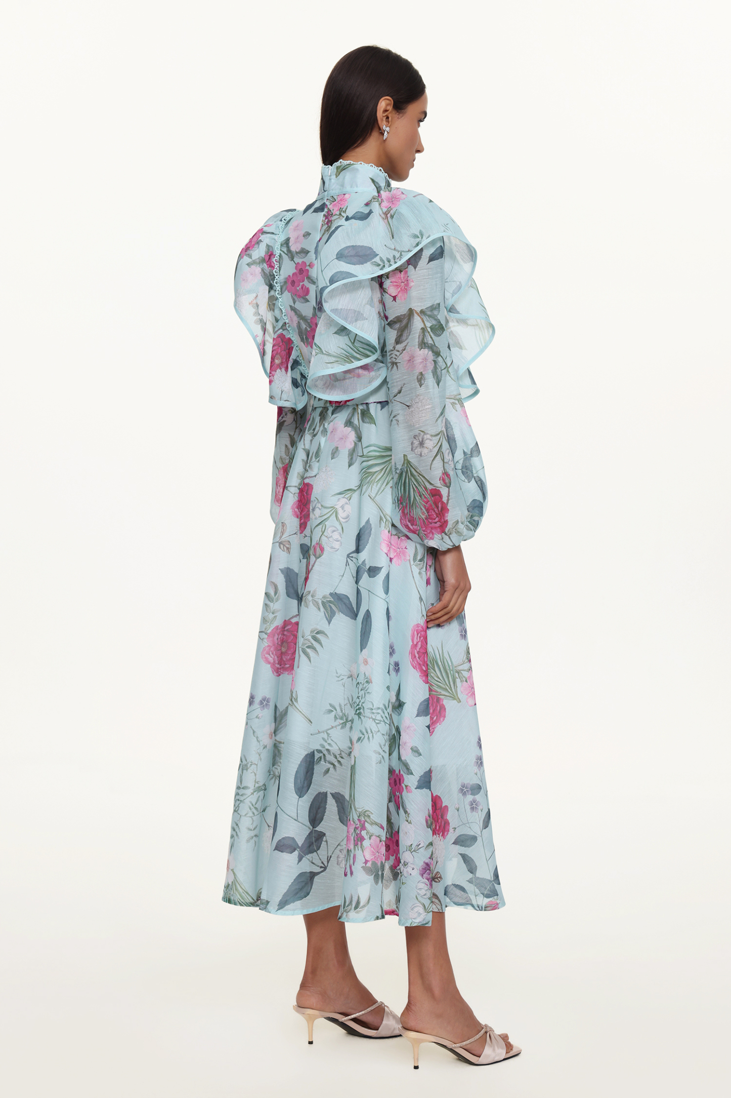 Emberson Resort Flowy Long Sleeve Floral Print Ruffle Woven Maxi Dress