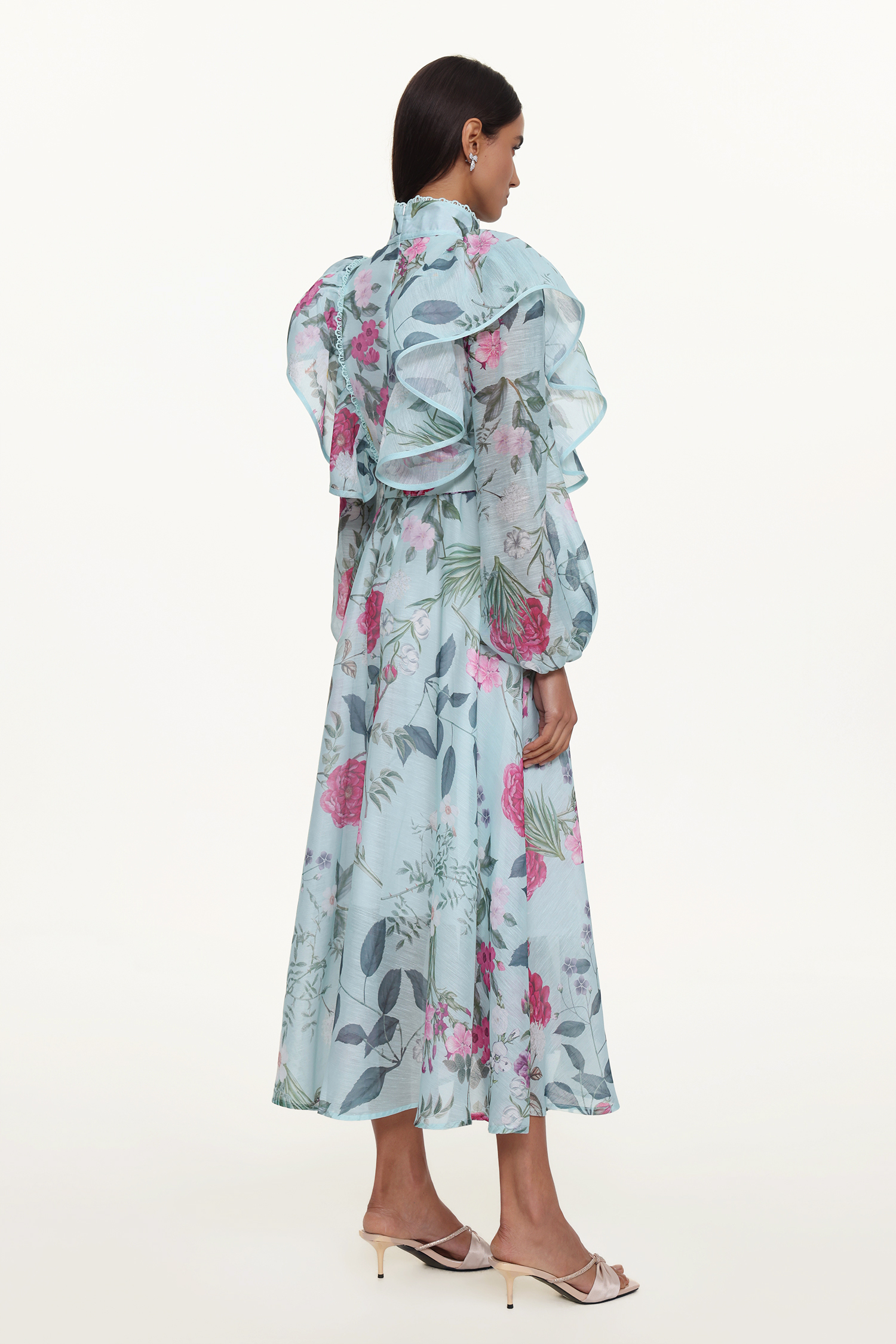 Emberson Resort Flowy Long Sleeve Floral Print Ruffle Woven Maxi Dress