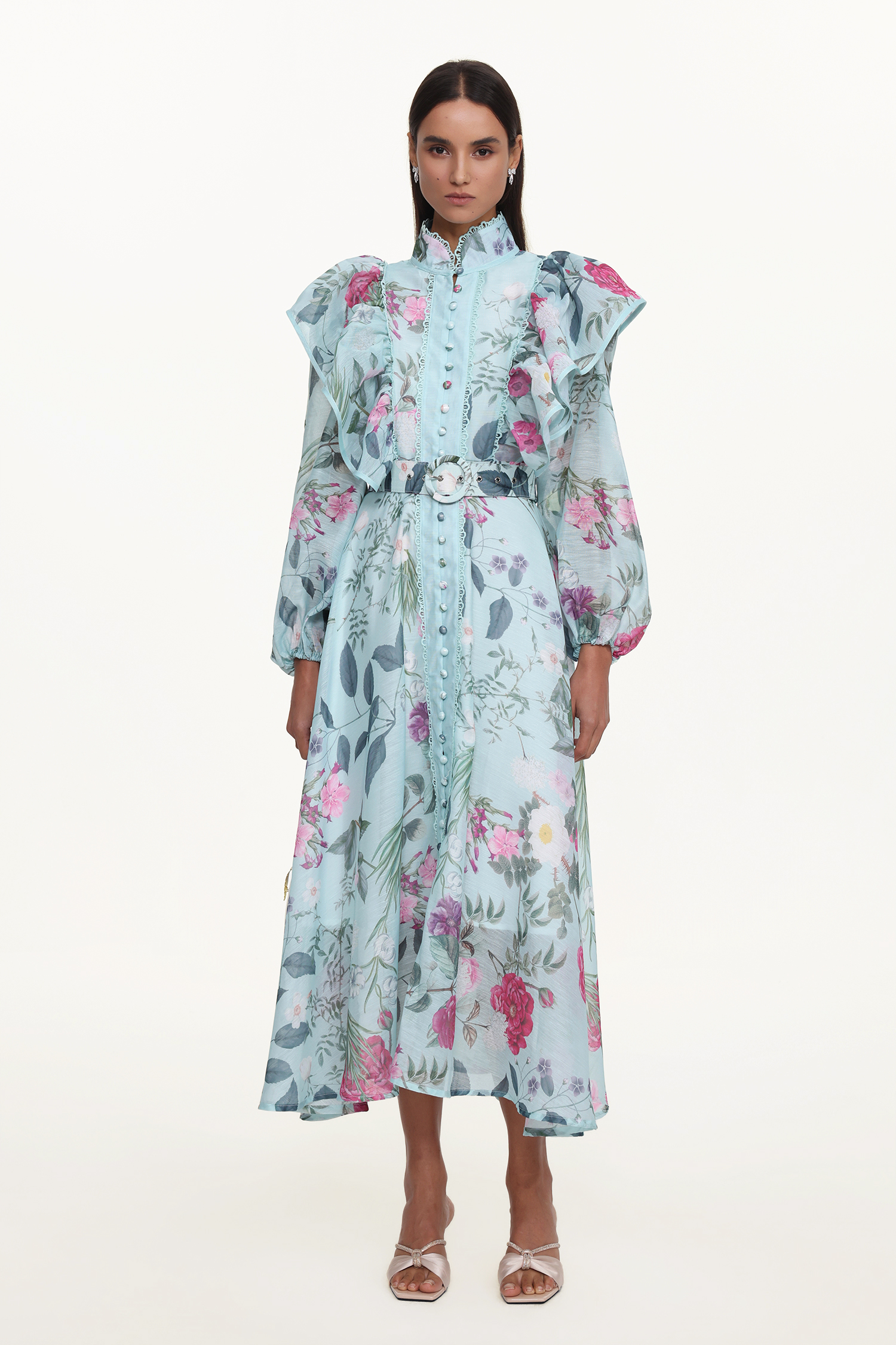 Emberson Resort Flowy Long Sleeve Floral Print Ruffle Woven Maxi Dress