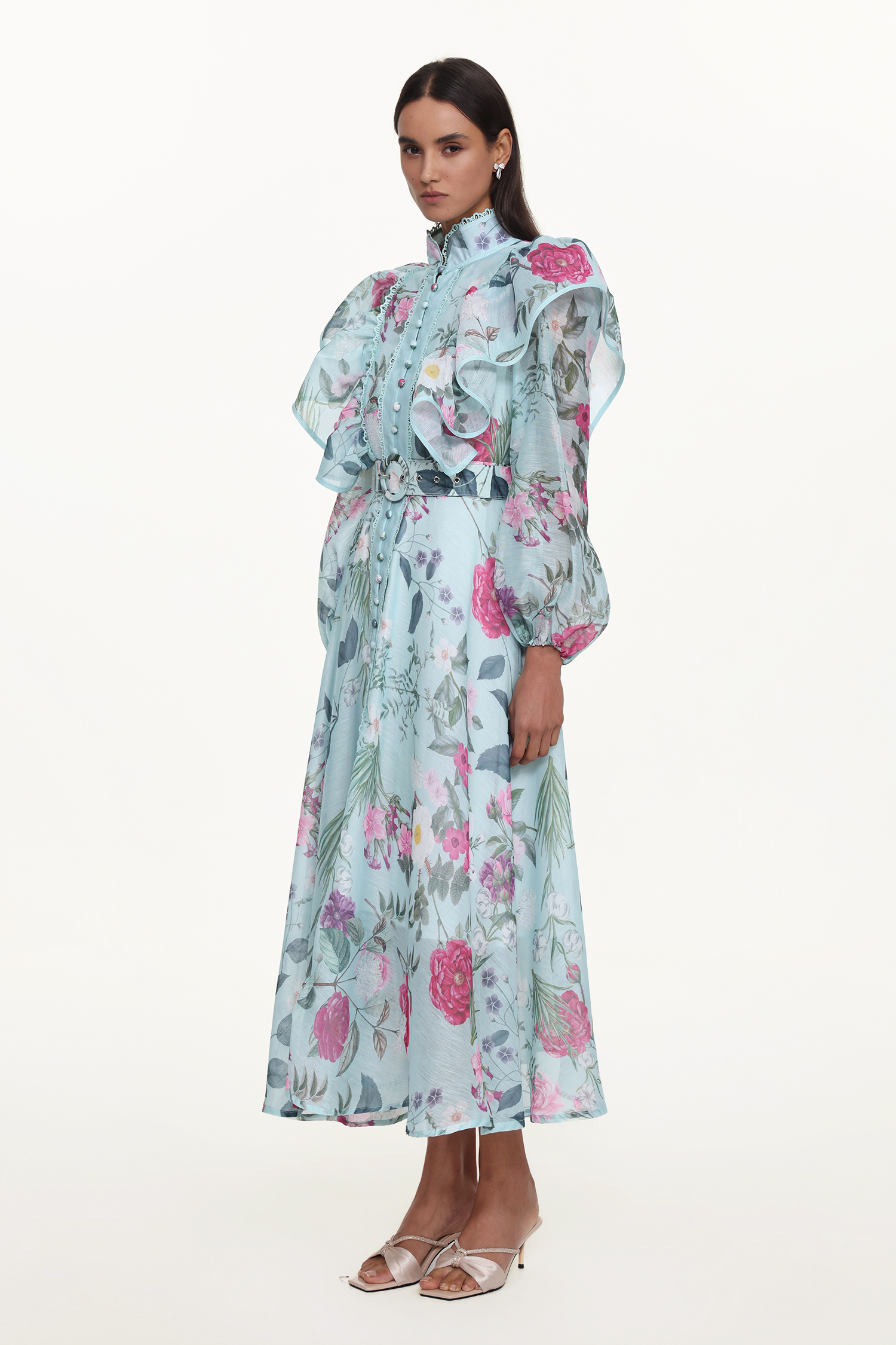 Emberson Resort Flowy Long Sleeve Floral Print Ruffle Woven Maxi Dress