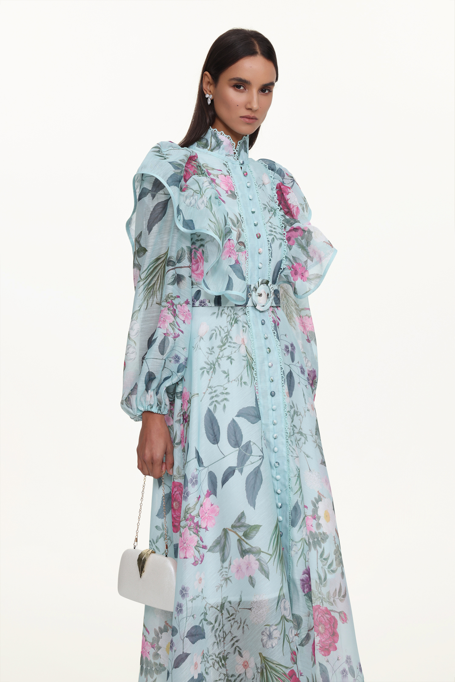 Emberson Resort Flowy Long Sleeve Floral Print Ruffle Woven Maxi Dress