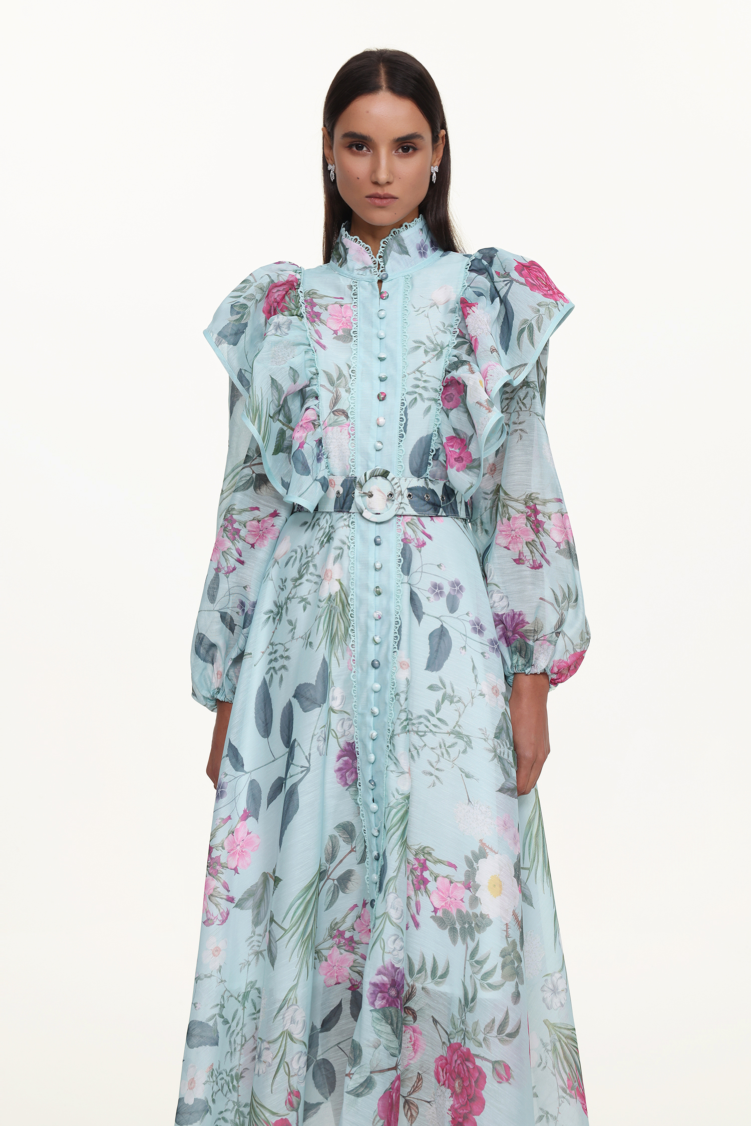 Emberson Resort Flowy Long Sleeve Floral Print Ruffle Woven Maxi Dress