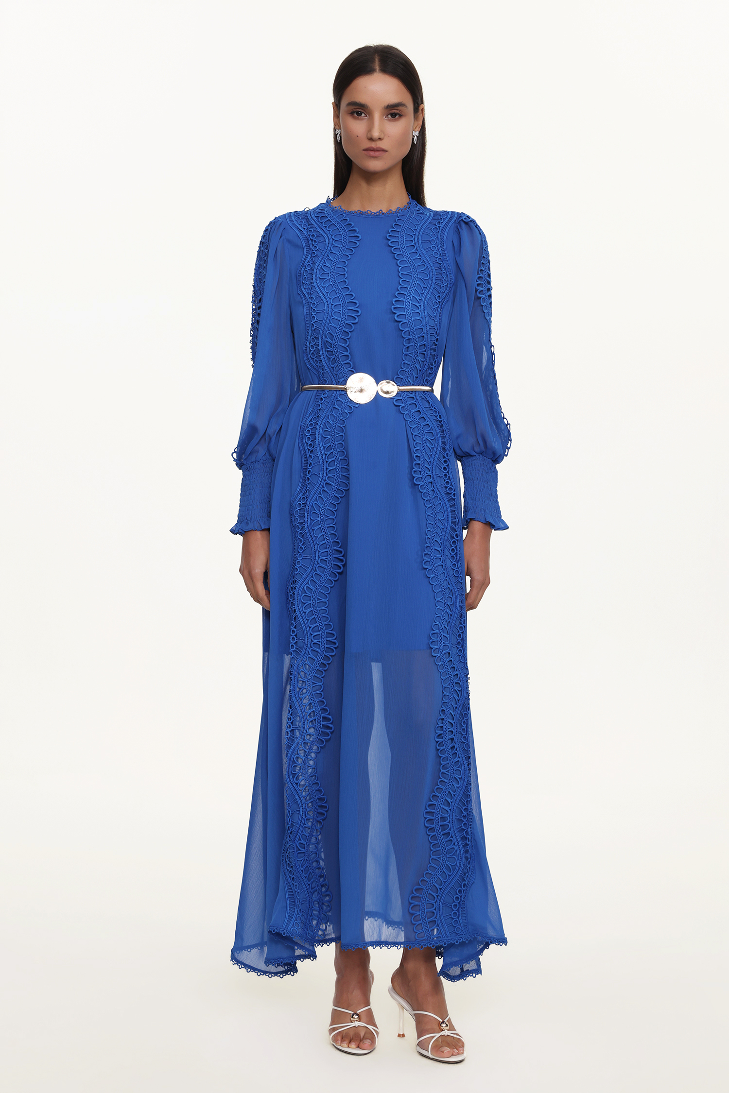 Pola Resort Flowy Round Neck Long Sleeve Floral Lace Woven Blue Maxi Dress