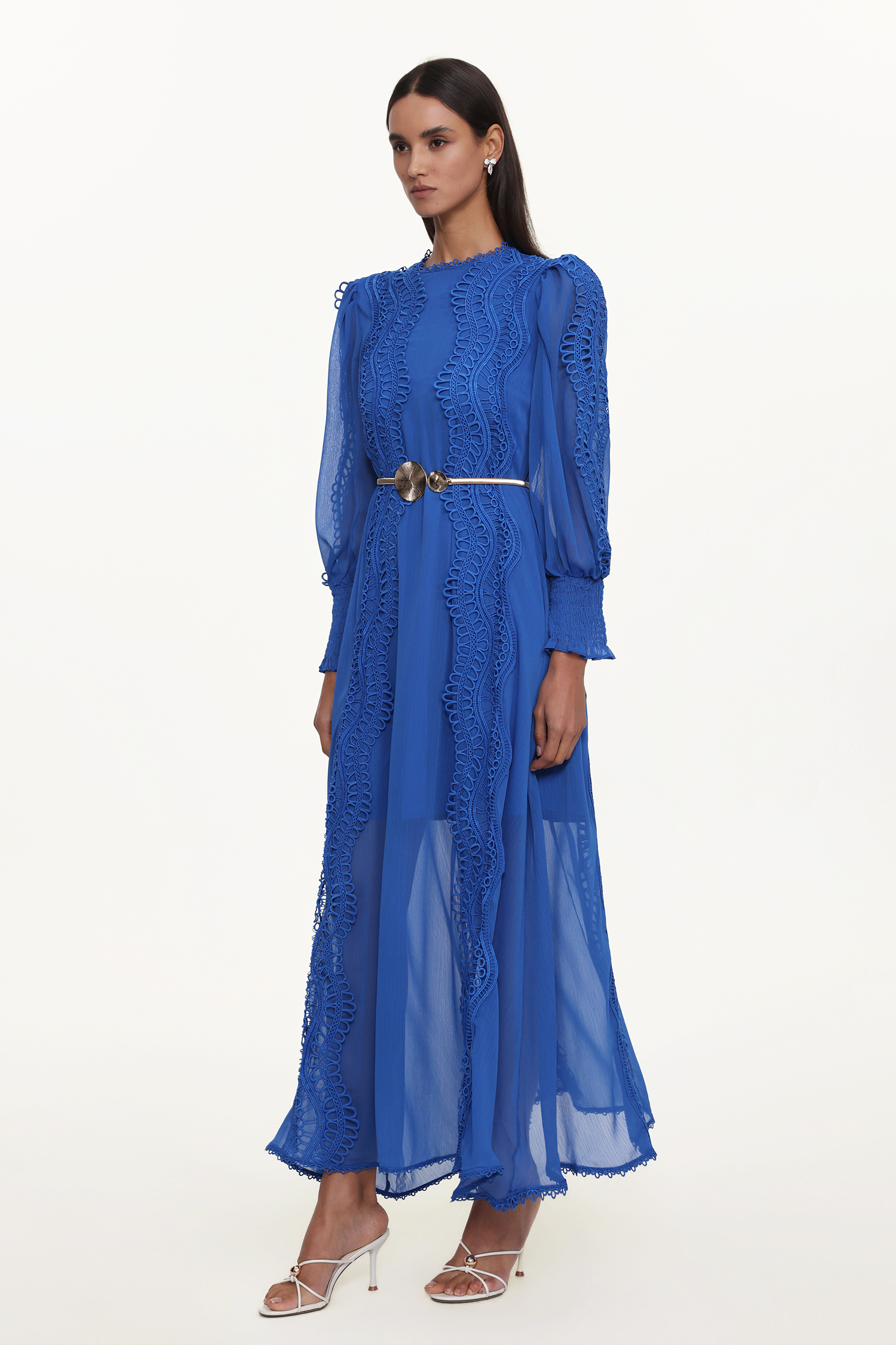 Pola Resort Flowy Round Neck Long Sleeve Floral Lace Woven Blue Maxi Dress