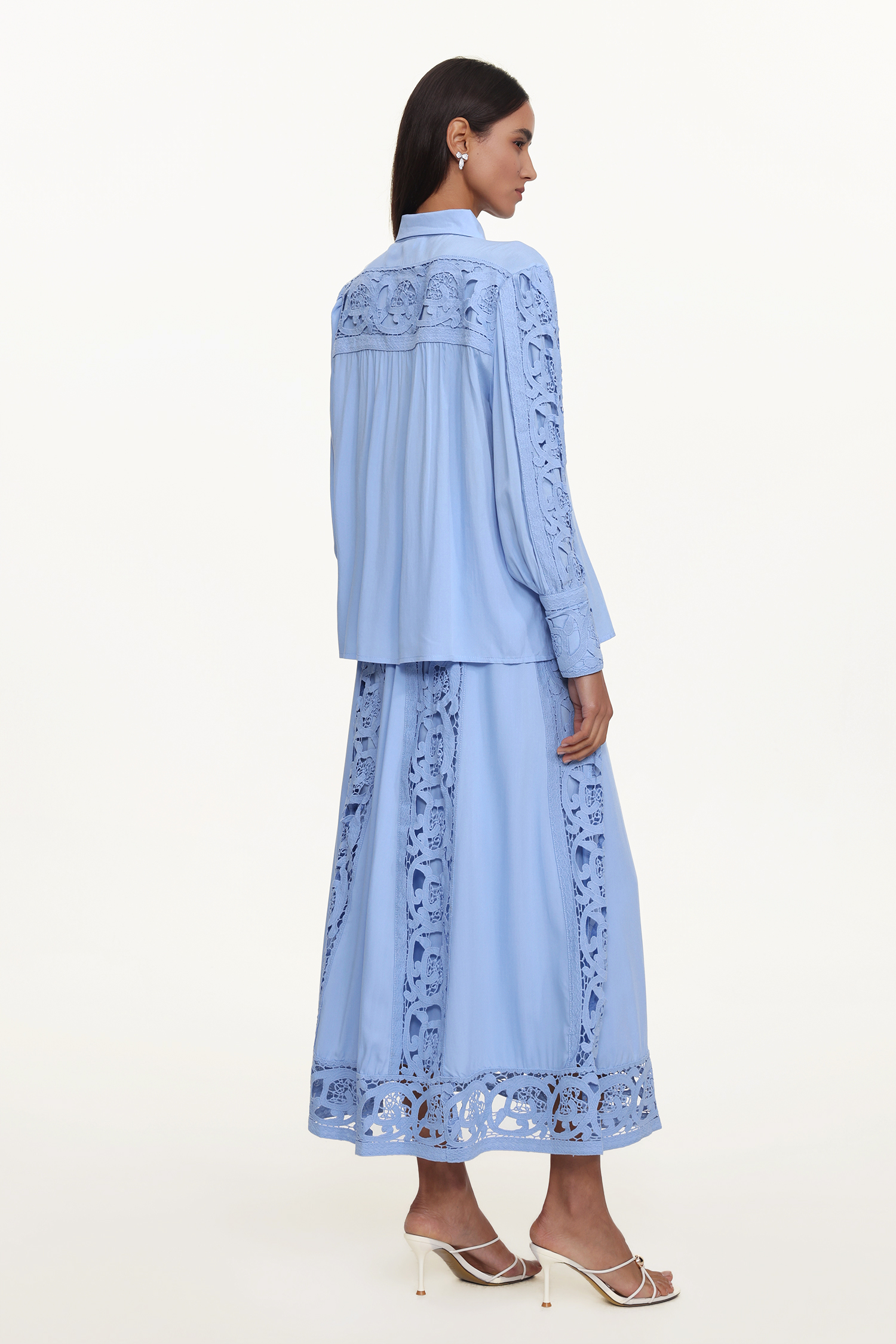 Sharla Resort Flowy Long Sleeve Cut Out Lace Woven Blue Top And Skirt Set