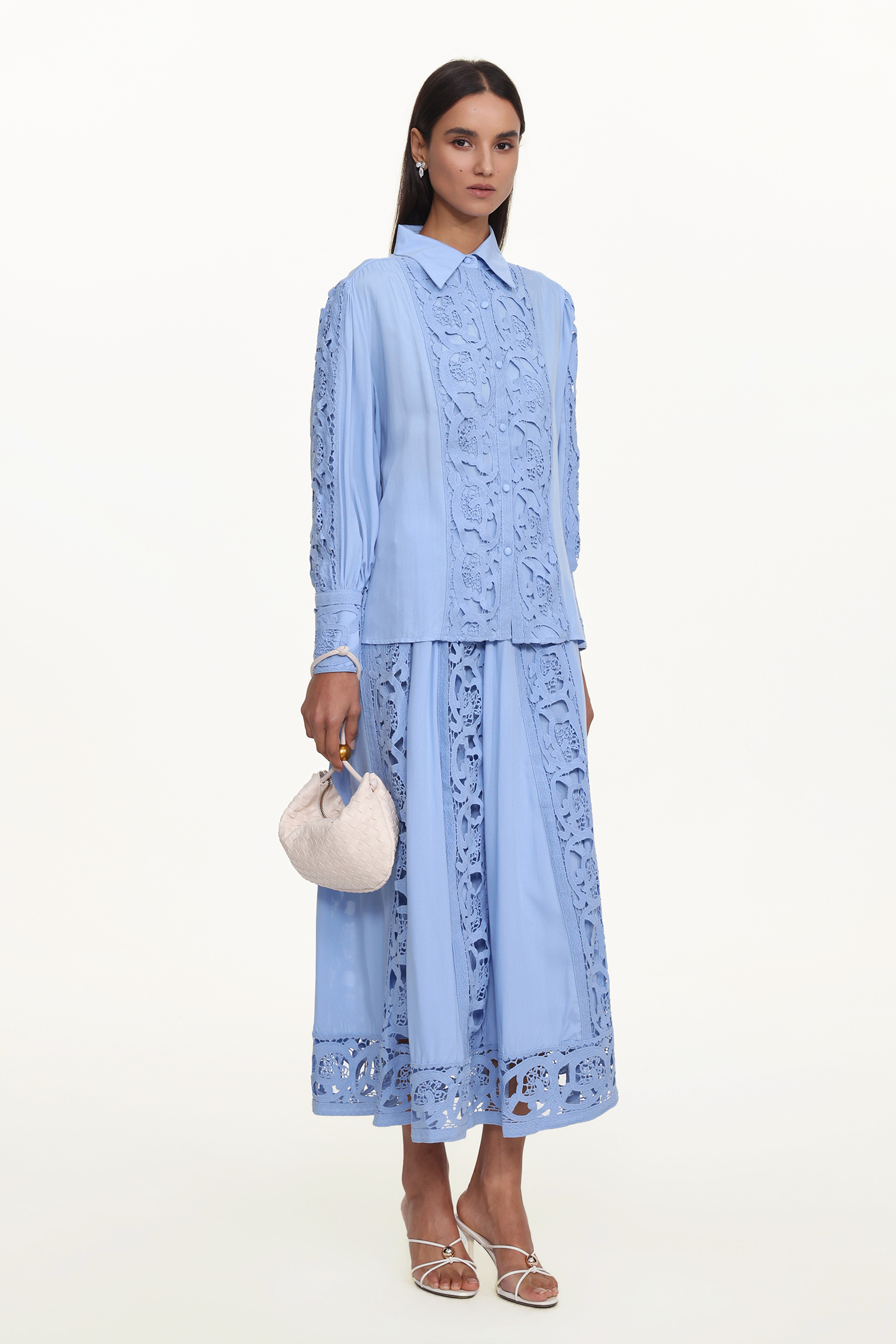 Sharla Resort Flowy Long Sleeve Cut Out Lace Woven Blue Top And Skirt Set