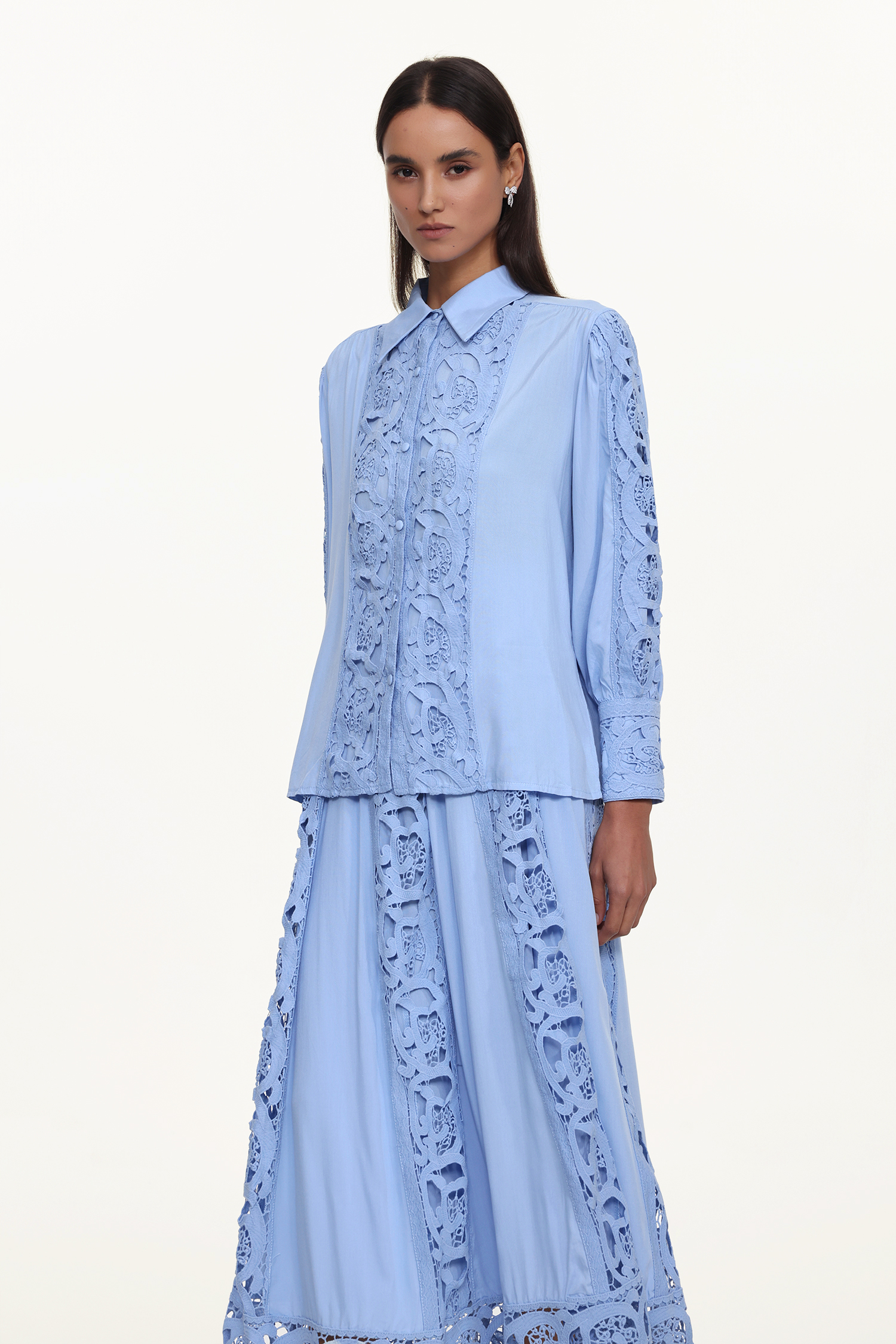 Sharla Resort Flowy Long Sleeve Cut Out Lace Woven Blue Top And Skirt Set