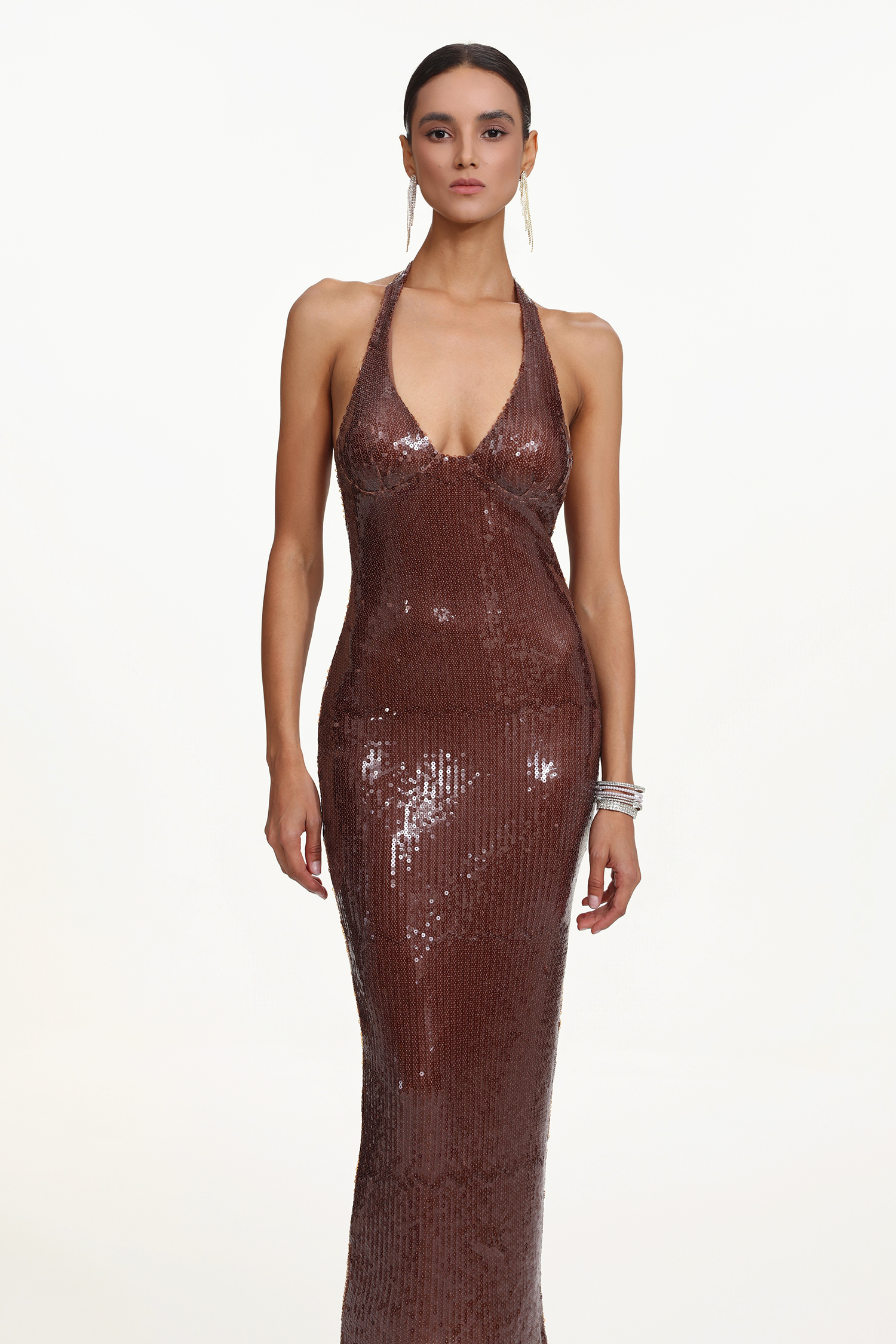 Vosa Glamorous Contour Halter Sleeveless Sequin Maxi Dress