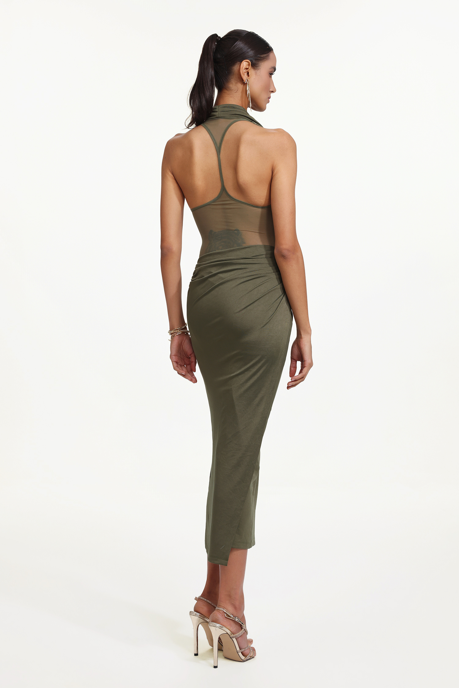 Klaria Chic Contour Cowl Neck Sleeveless Ruched Knit Maxi Dress