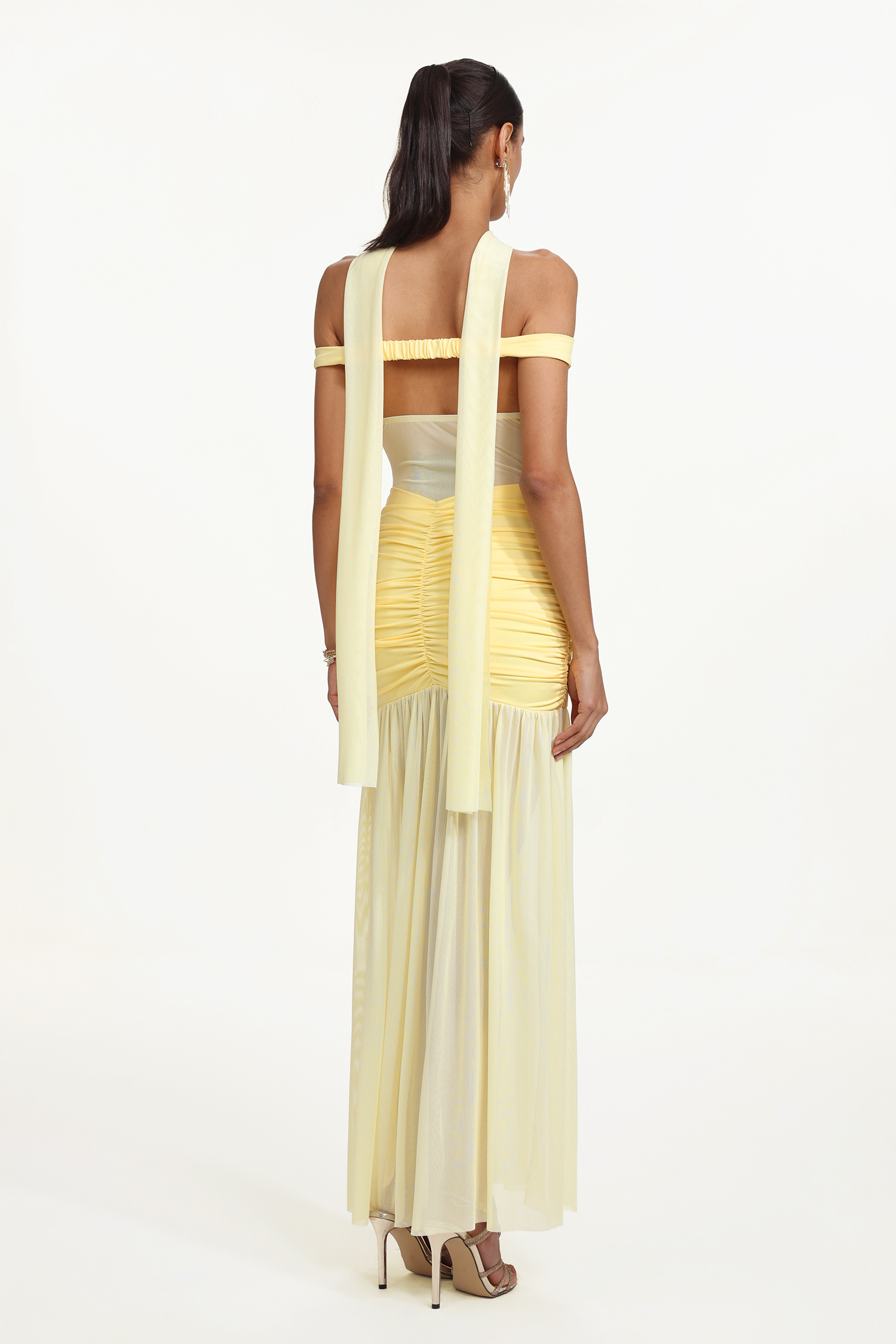 Lisa Elegant Contour Off Shoulder Ruched Sheer Knit Maxi Dress