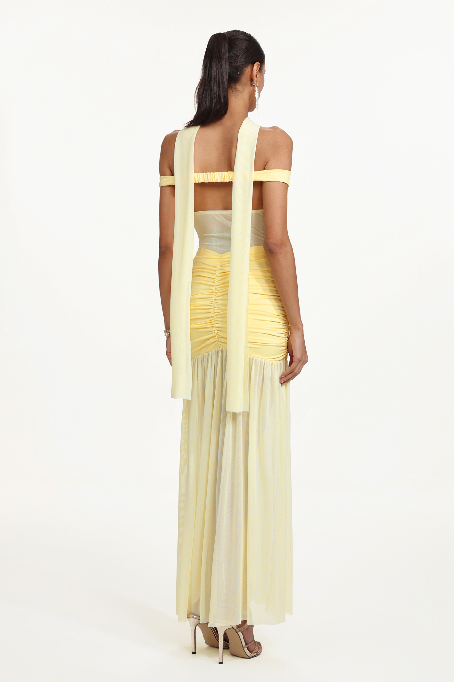 Lisa Elegant Contour Off Shoulder Ruched Sheer Knit Maxi Dress