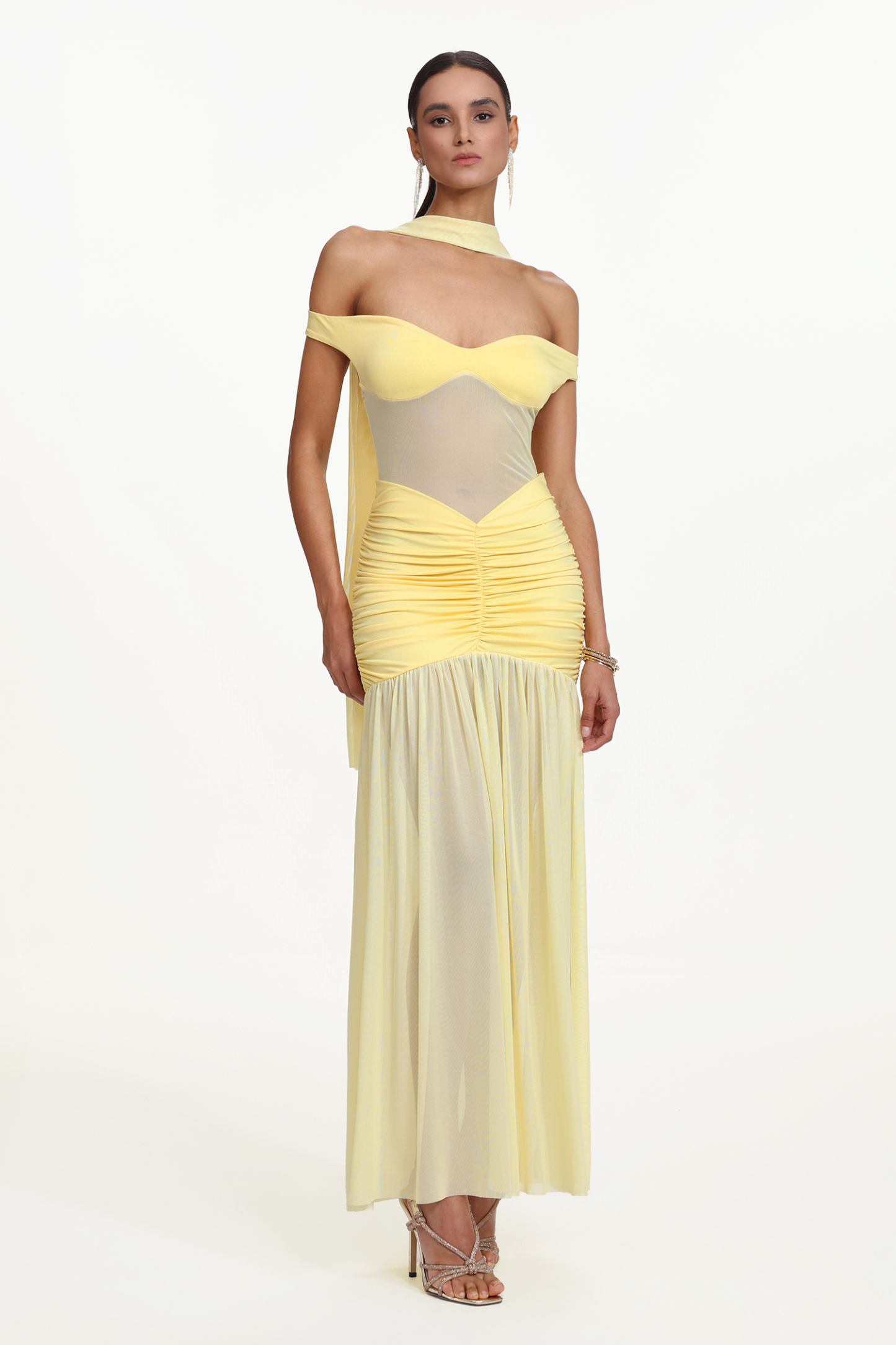 Lisa Elegant Contour Off Shoulder Ruched Sheer Knit Maxi Dress