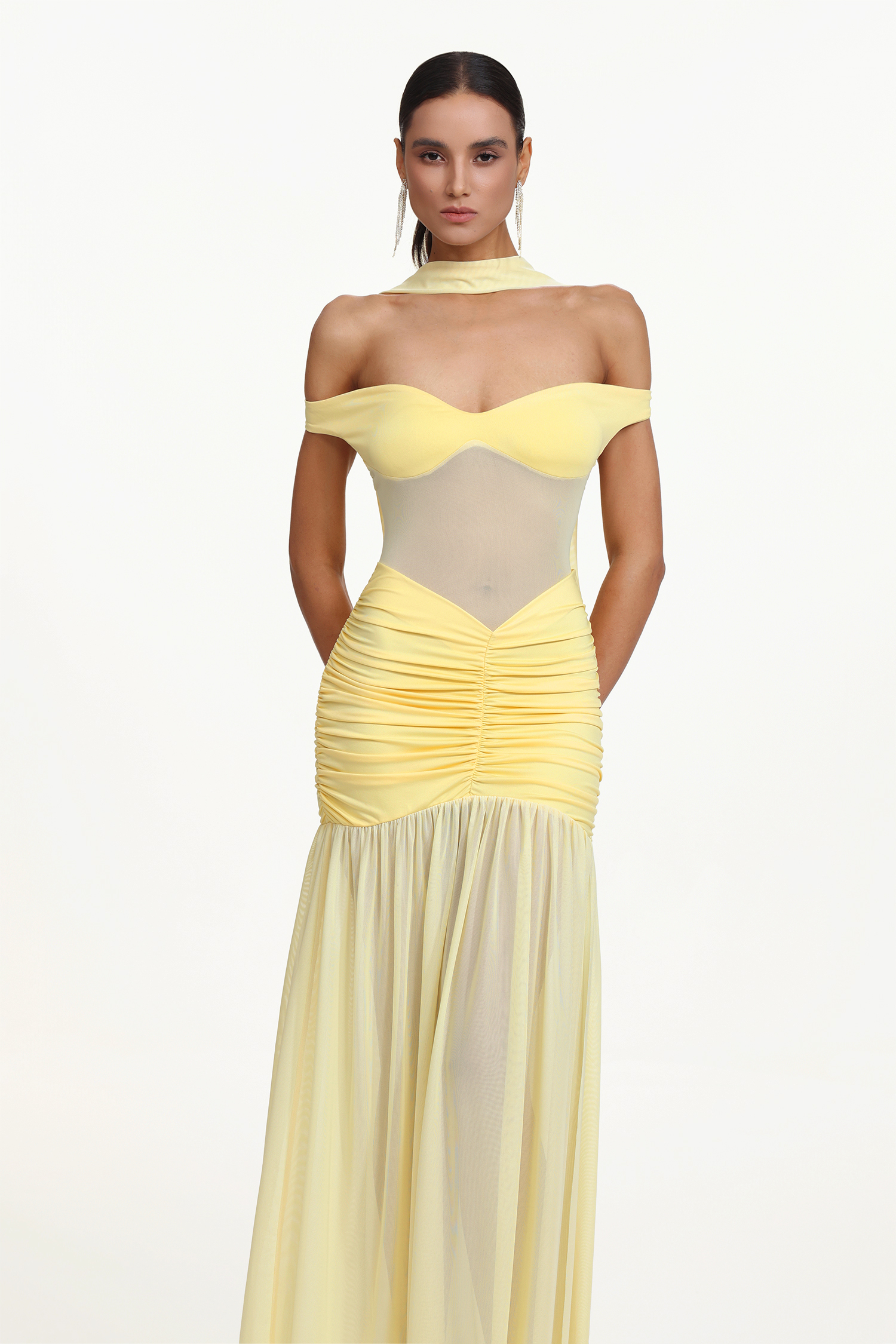 Lisa Elegant Contour Off Shoulder Ruched Sheer Knit Maxi Dress