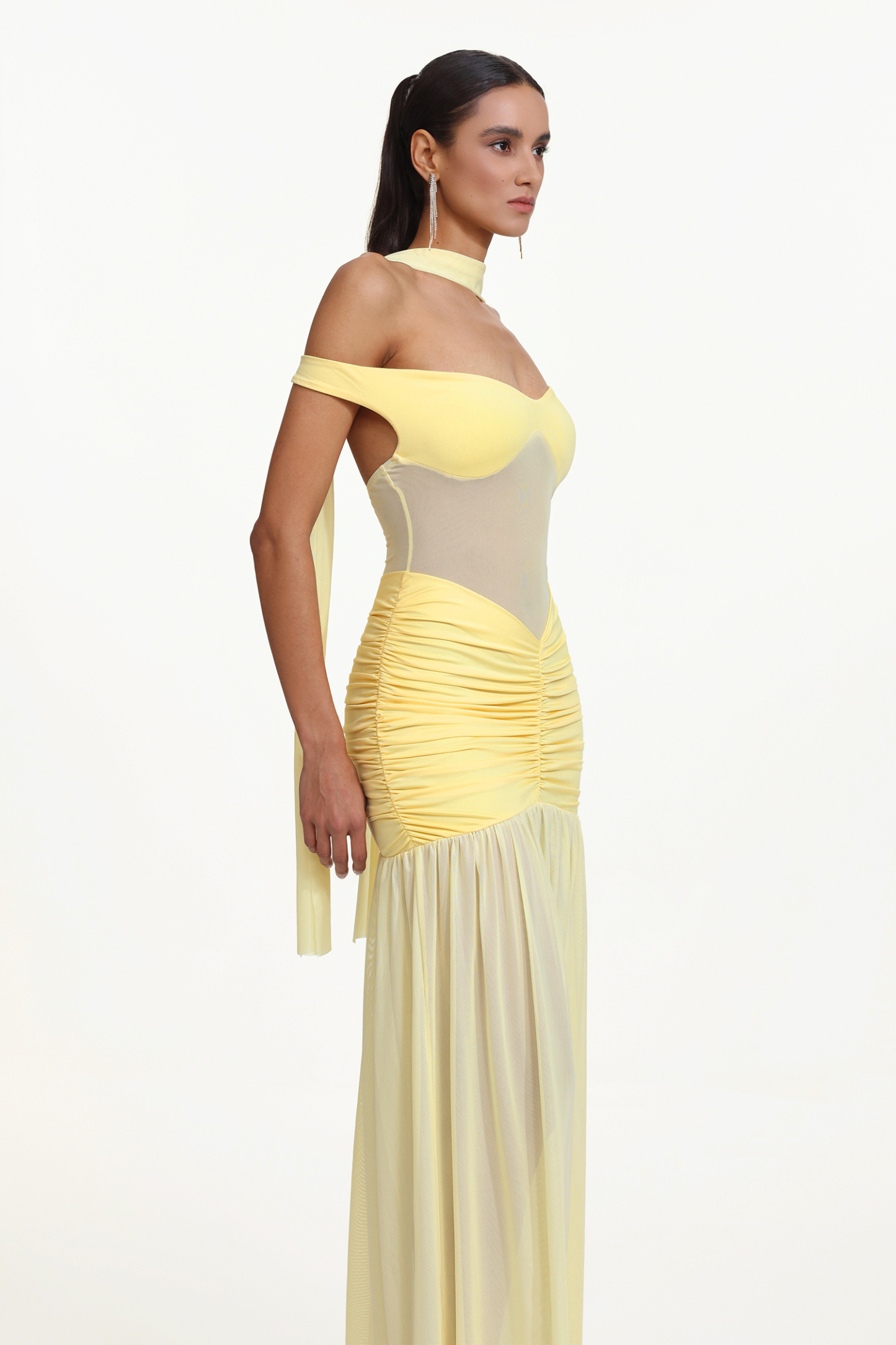 Lisa Elegant Contour Off Shoulder Ruched Sheer Knit Maxi Dress