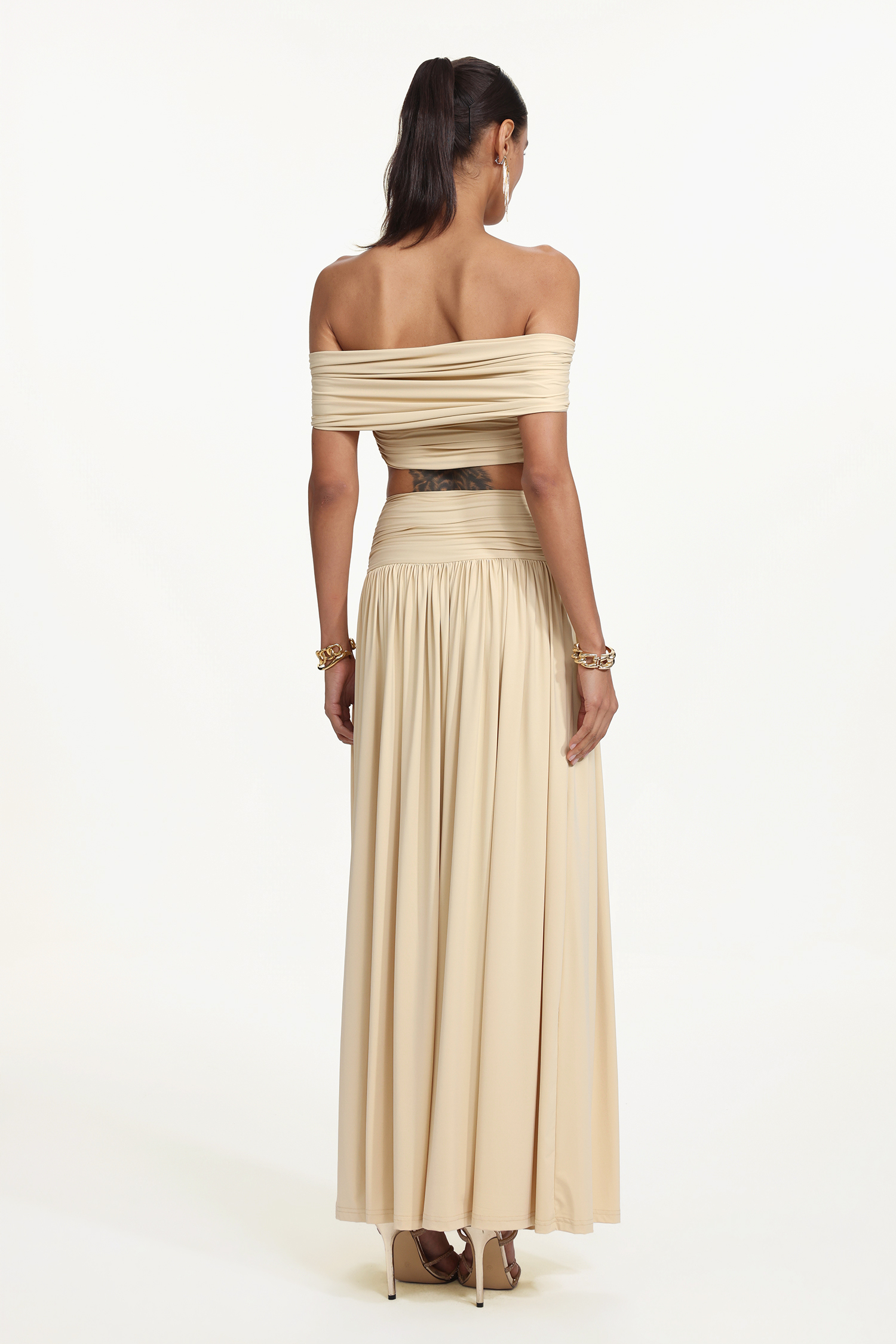 Hanava Chic Contour Off Shoulder Bow Ruched Knit Top and Skirt Set