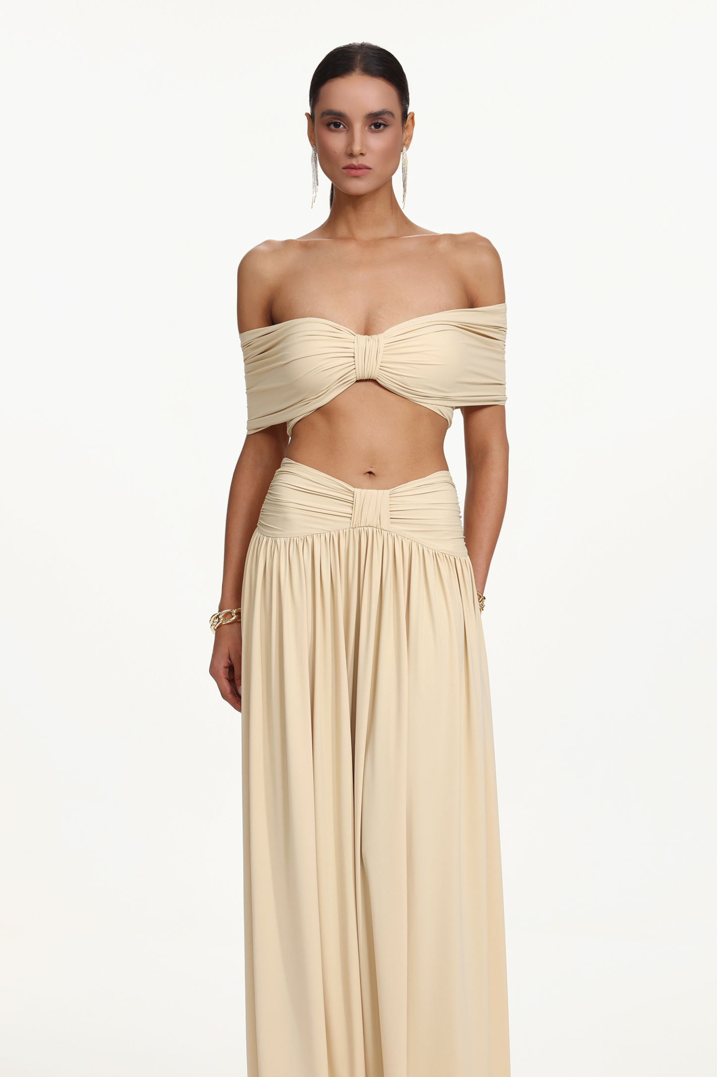 Hanava Chic Contour Off Shoulder Bow Ruched Knit Top and Skirt Set