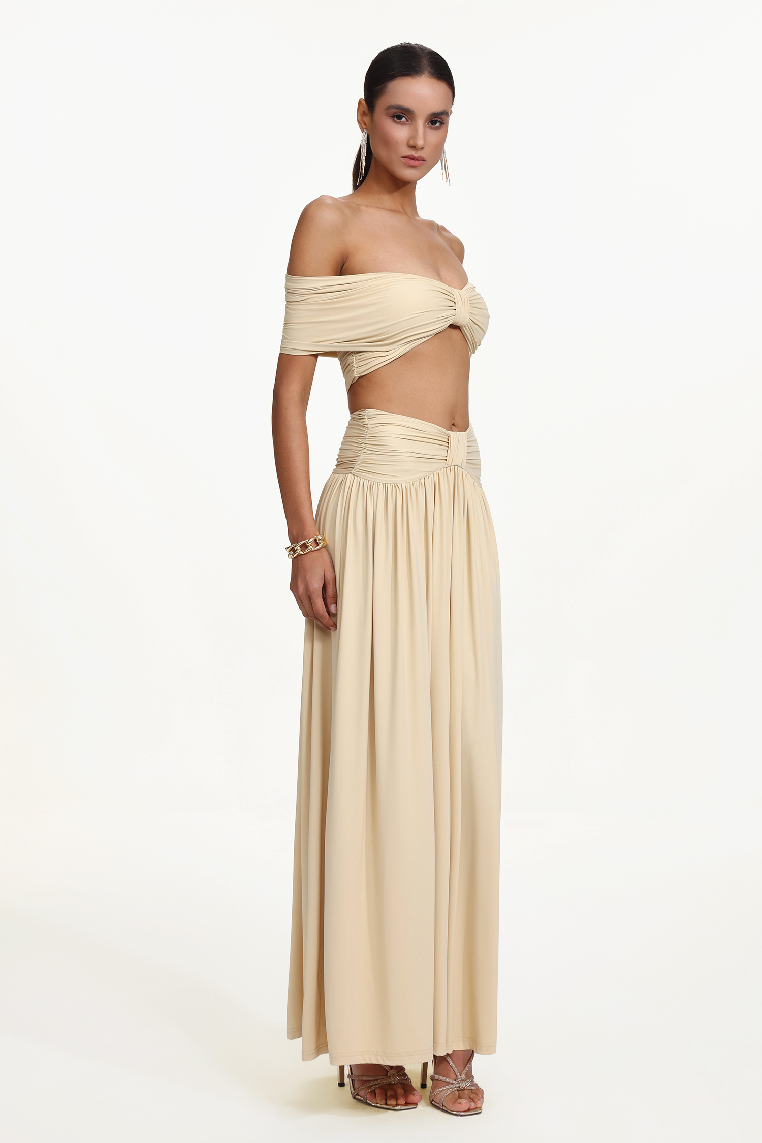 Hanava Chic Contour Off Shoulder Bow Ruched Knit Top and Skirt Set