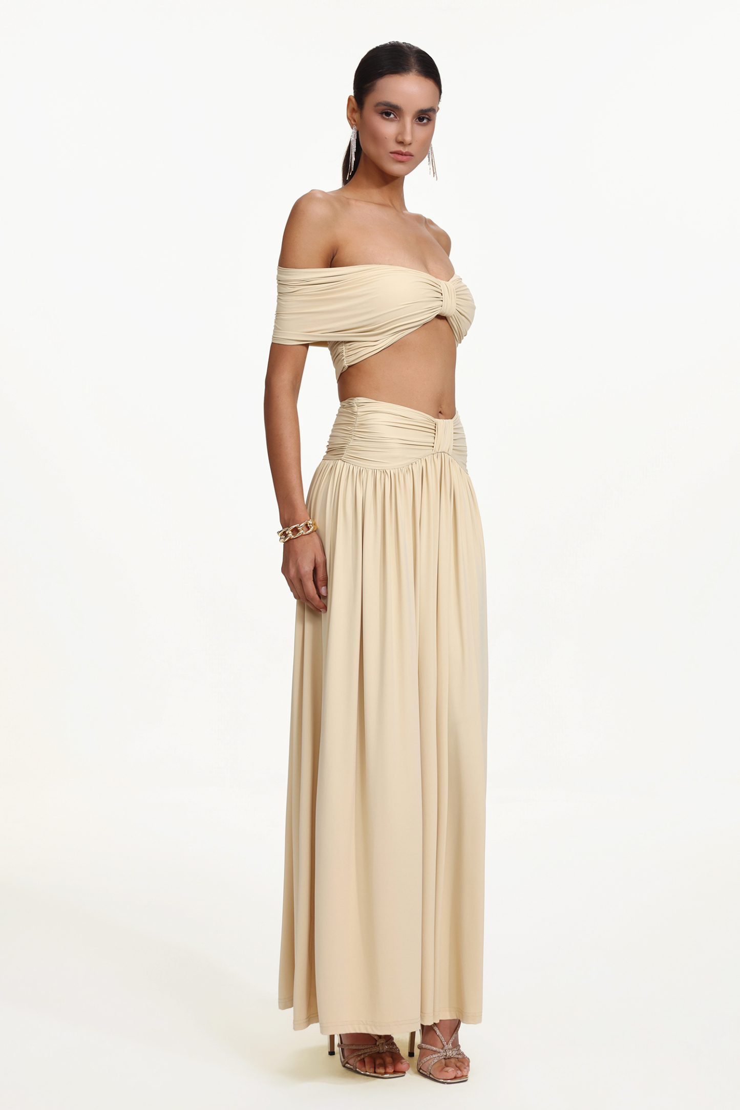 Hanava Chic Contour Off Shoulder Bow Ruched Knit Top and Skirt Set