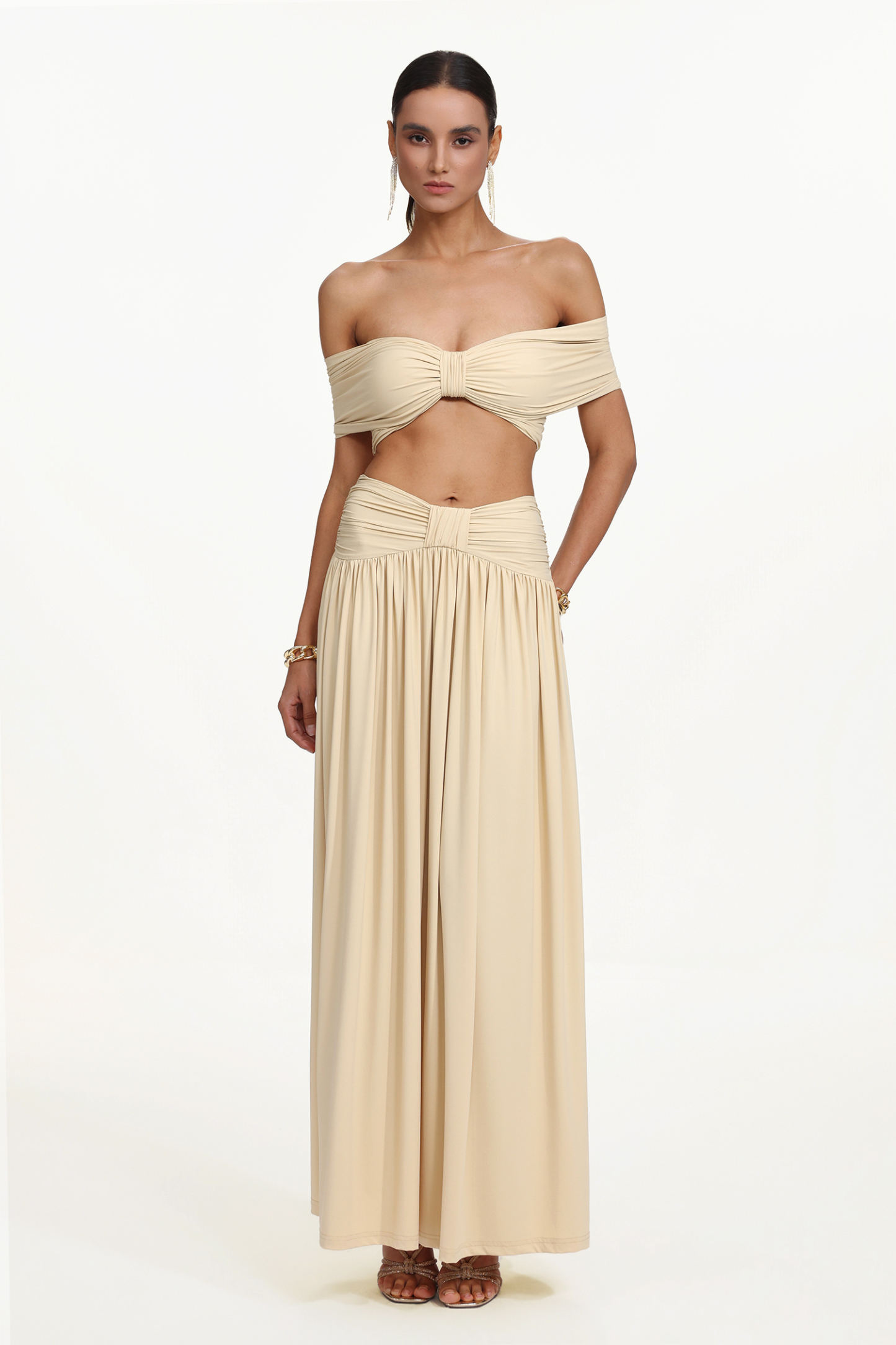 Hanava Chic Contour Off Shoulder Bow Ruched Knit Top and Skirt Set