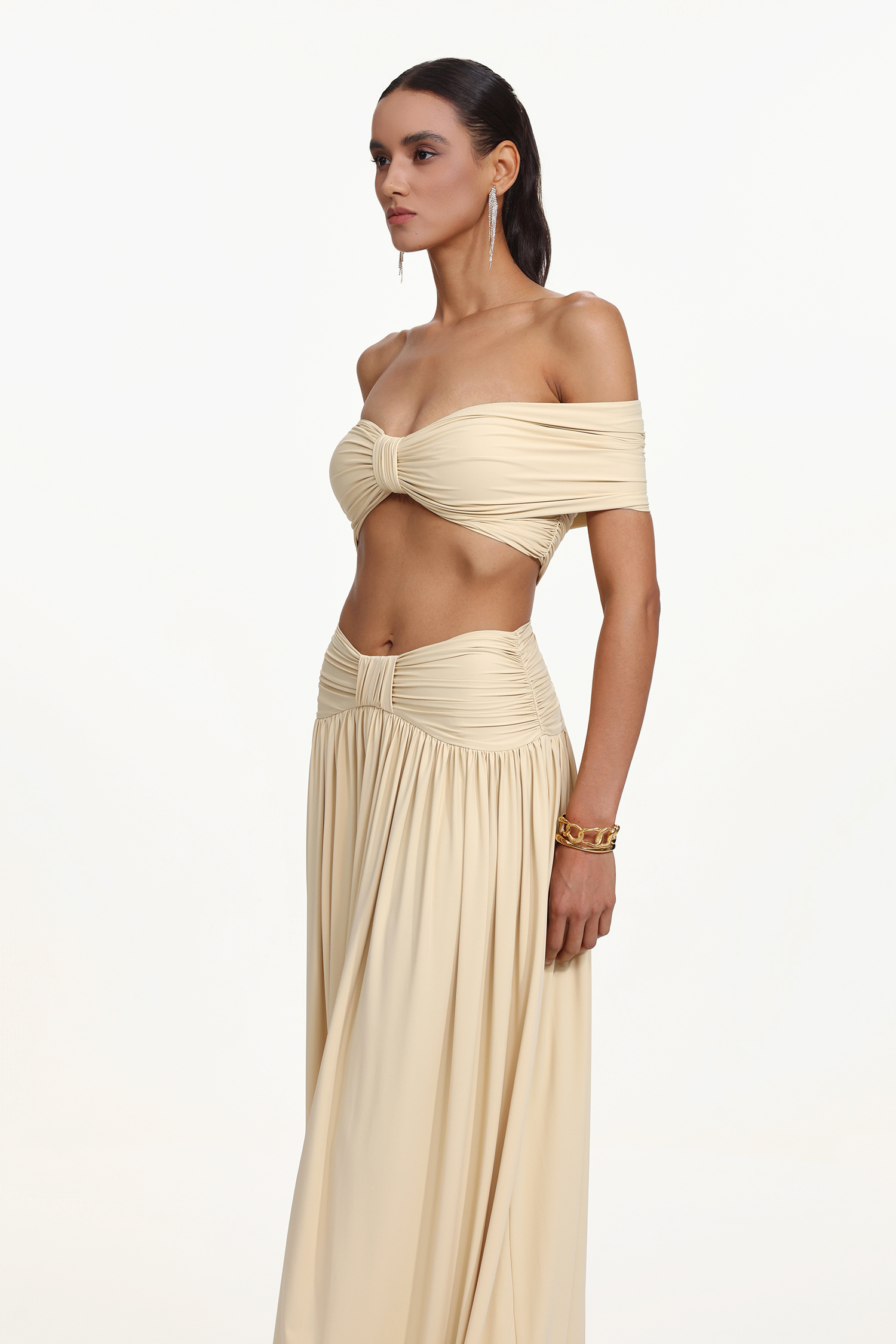 Hanava Chic Contour Off Shoulder Bow Ruched Knit Top and Skirt Set