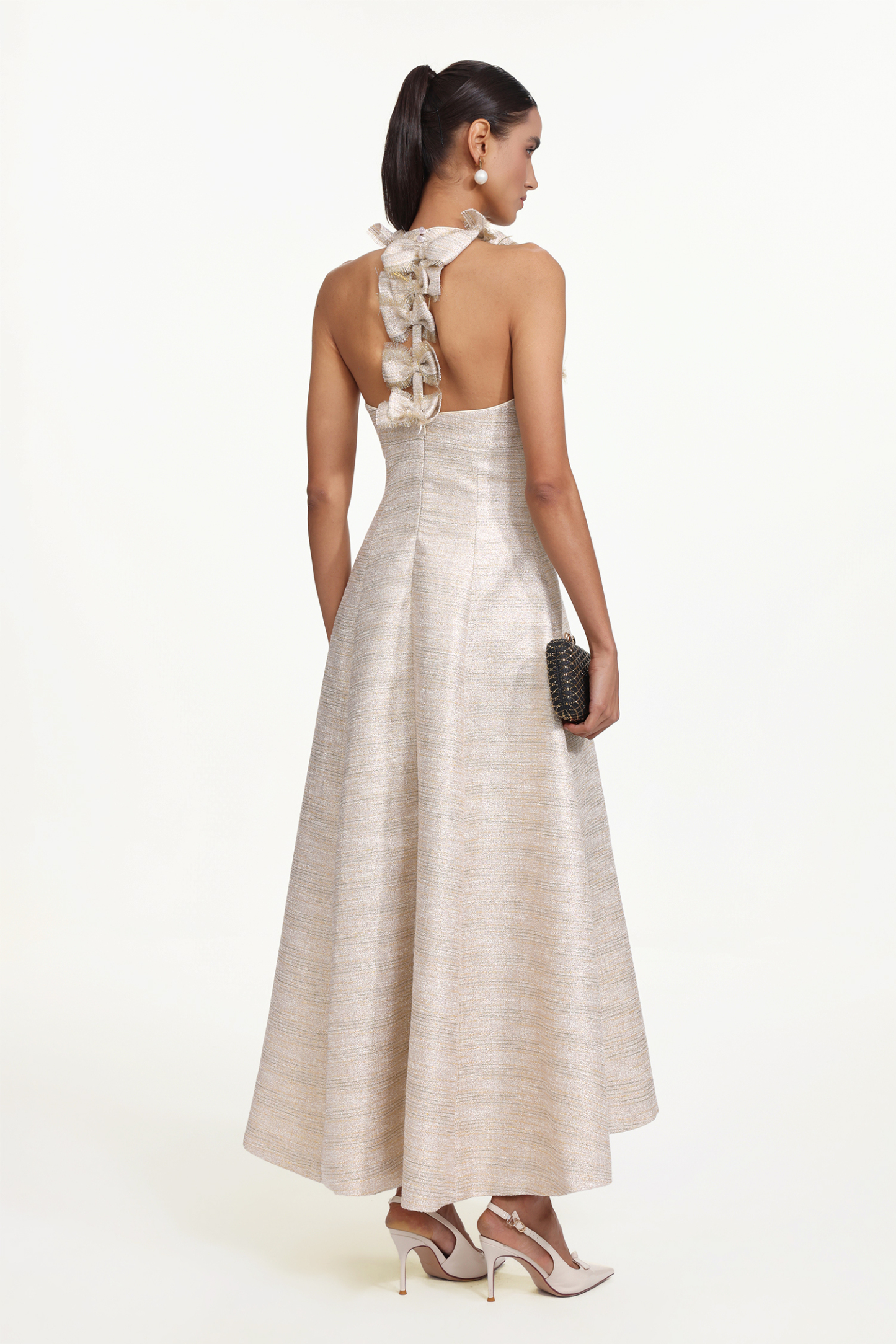 Ksenia Elegant Tailored Halter Floral Appliqué Pearl Maxi Dress