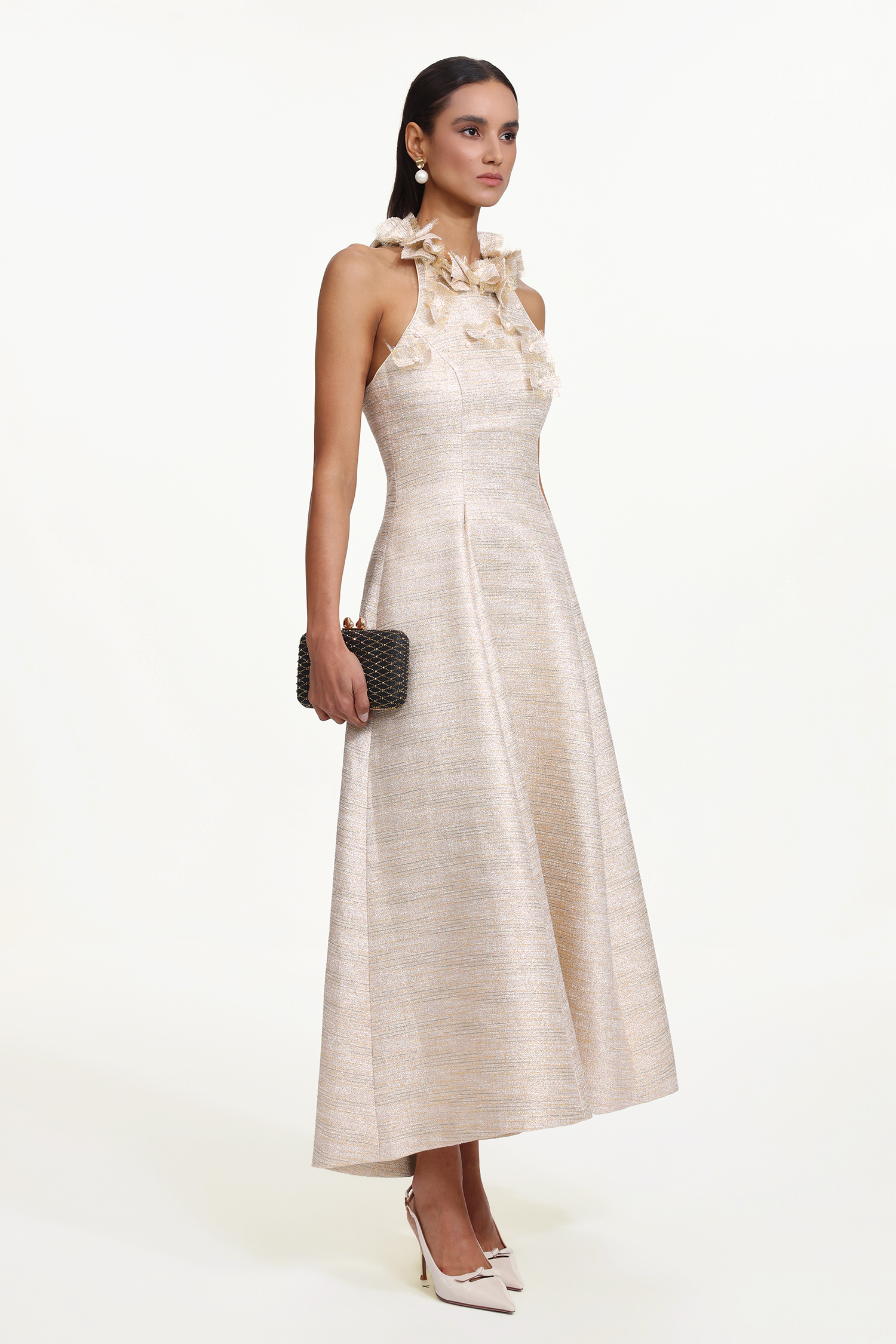 Ksenia Elegant Tailored Halter Floral Appliqué Pearl Maxi Dress