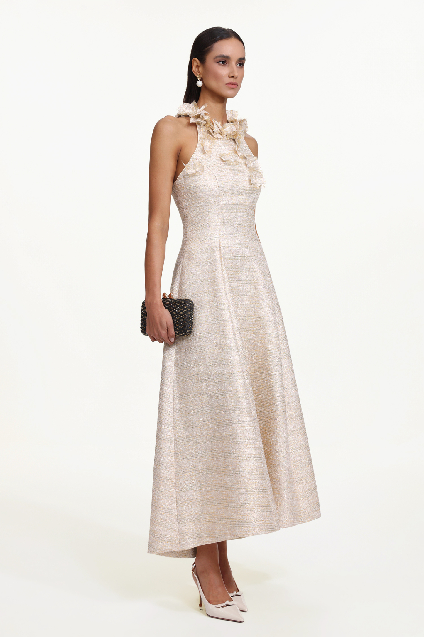 Ksenia Elegant Tailored Halter Floral Appliqué Pearl Maxi Dress