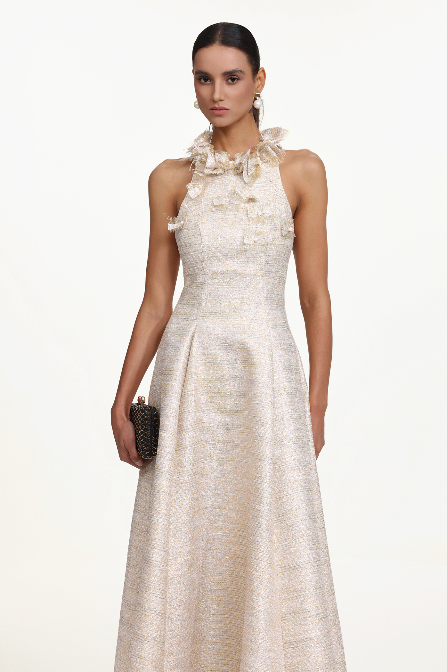 Ksenia Elegant Tailored Halter Floral Appliqué Pearl Maxi Dress