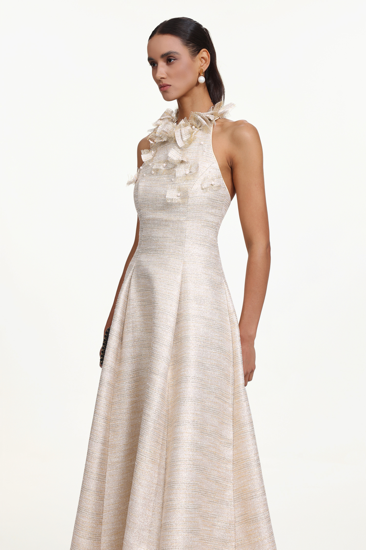 Ksenia Elegant Tailored Halter Floral Appliqué Pearl Maxi Dress