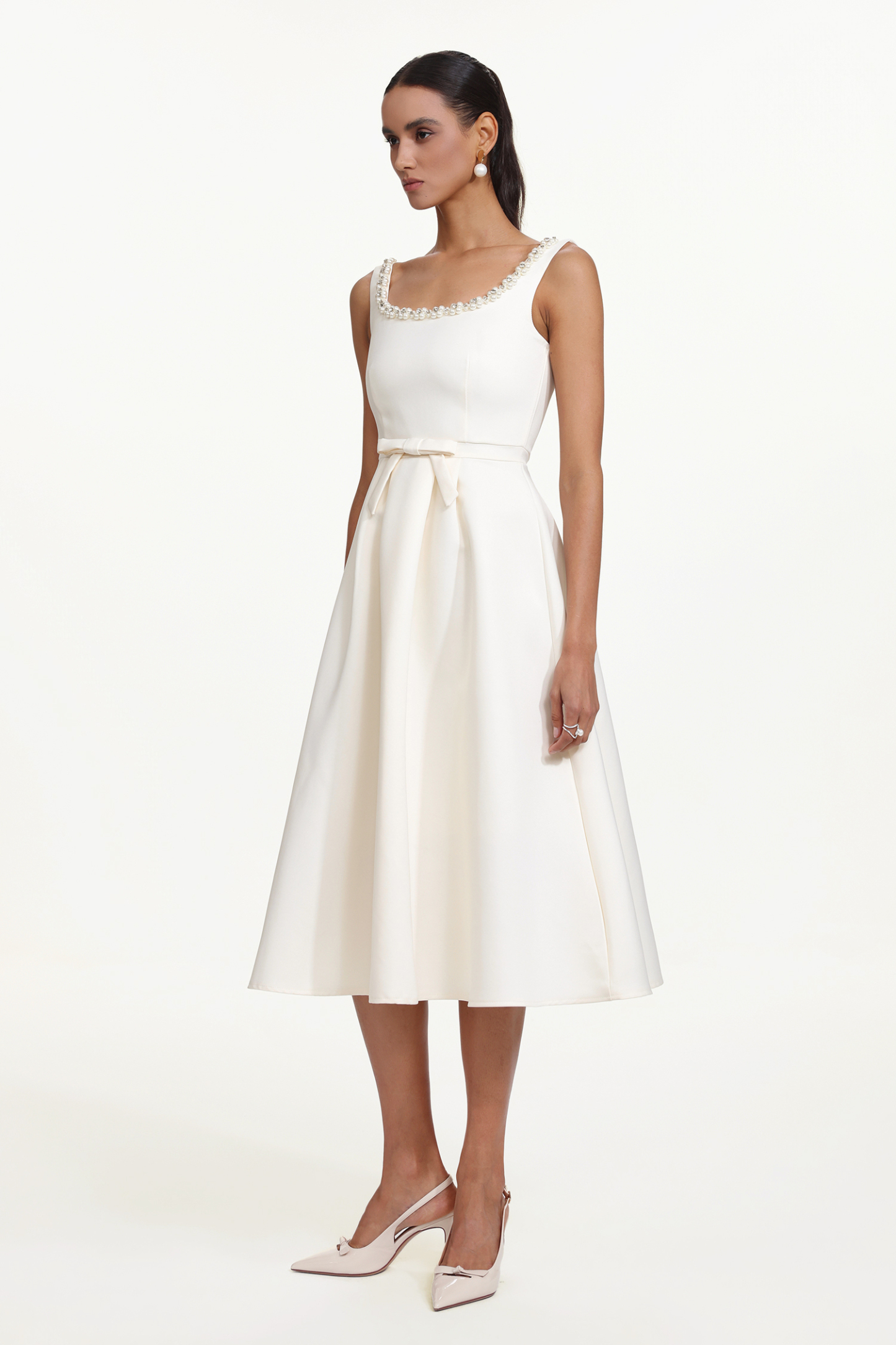 Walda Elegant Tailored Square Neck Sleeveless Bow Pearl Woven Maxi Dress