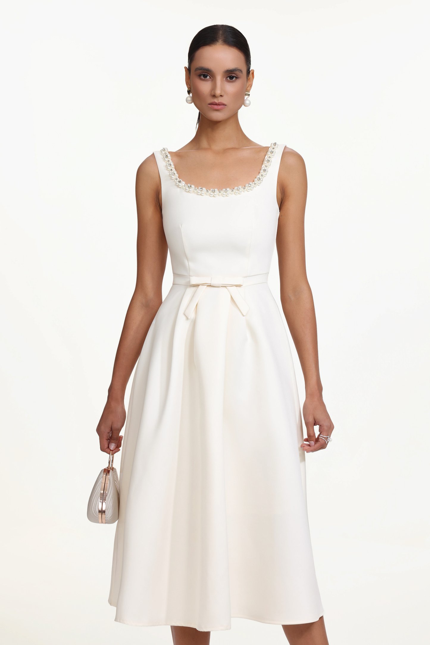 Walda Elegant Tailored Square Neck Sleeveless Bow Pearl Woven Maxi Dress