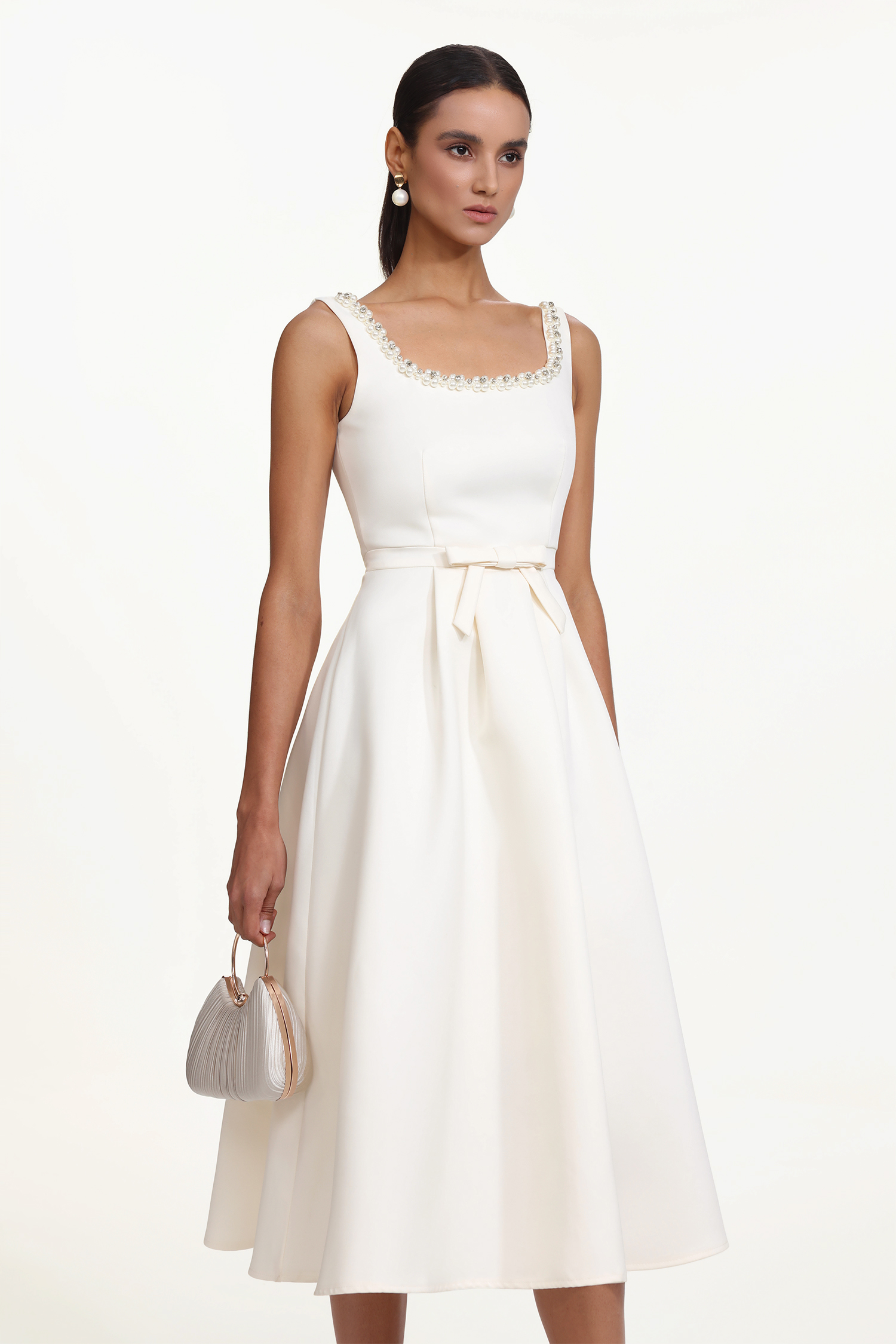 Walda Elegant Tailored Square Neck Sleeveless Bow Pearl Woven Maxi Dress