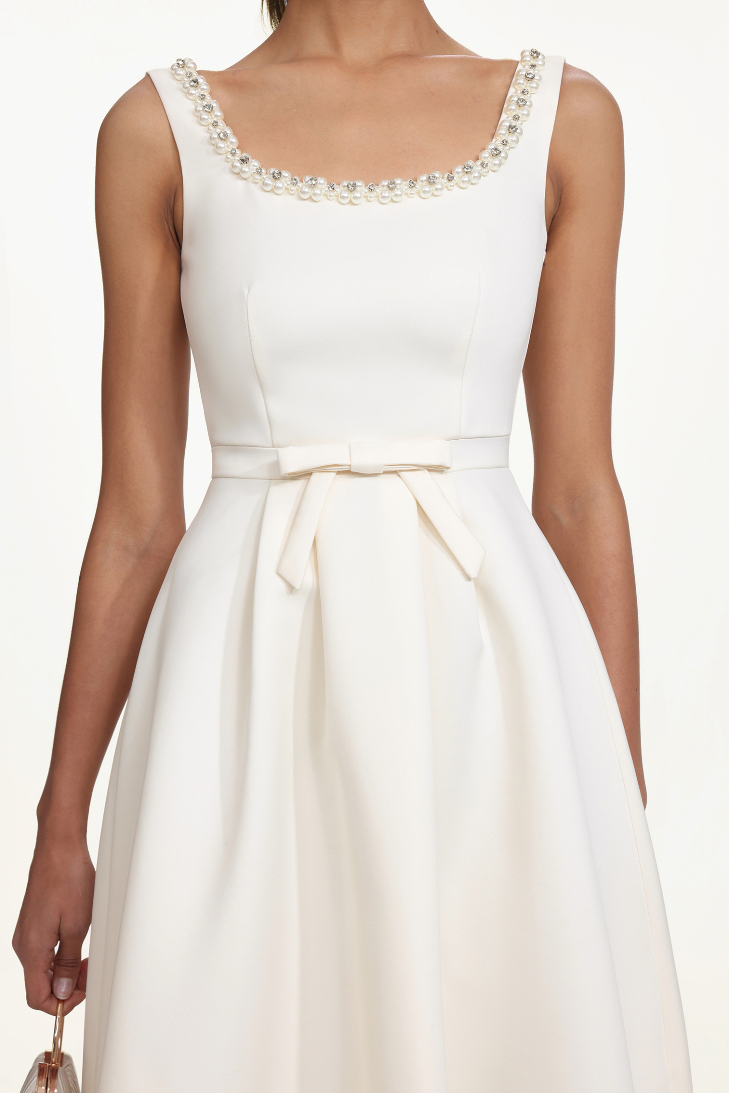 Walda Elegant Tailored Square Neck Sleeveless Bow Pearl Woven Maxi Dress