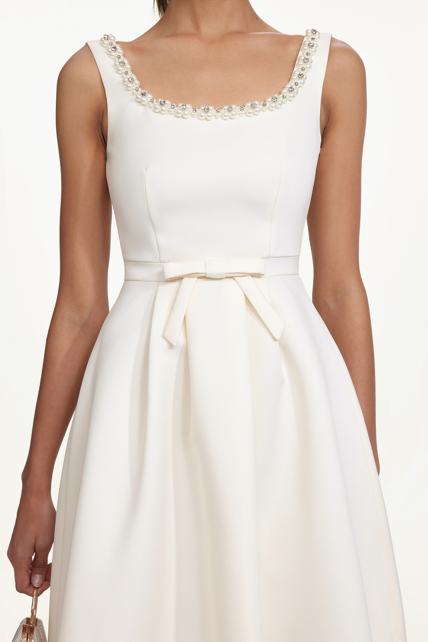 Walda Elegant Tailored Square Neck Sleeveless Bow Pearl Woven Maxi Dress