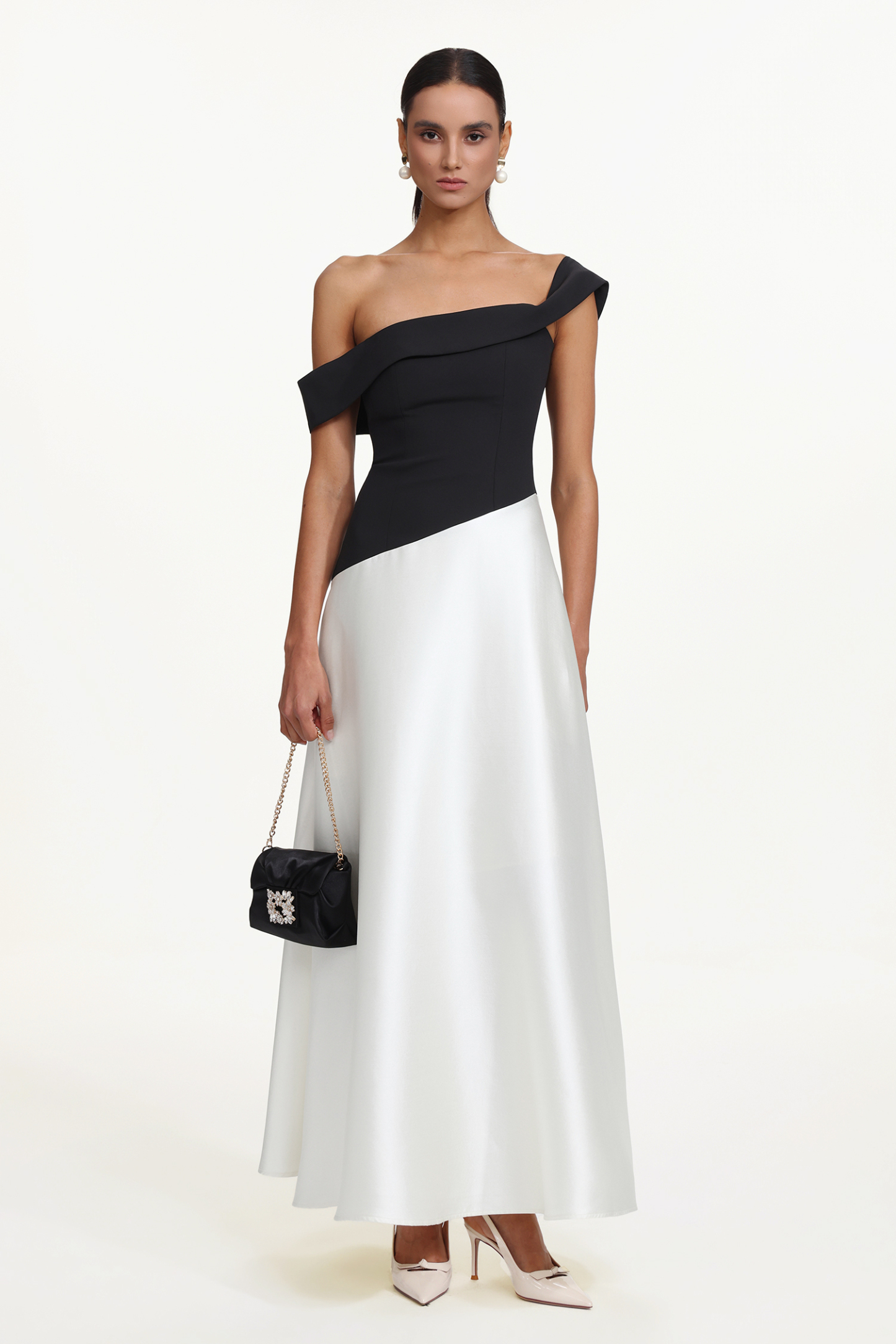 Xavier Elegant Tailored Off Shoulder Contrast Maxi Dress