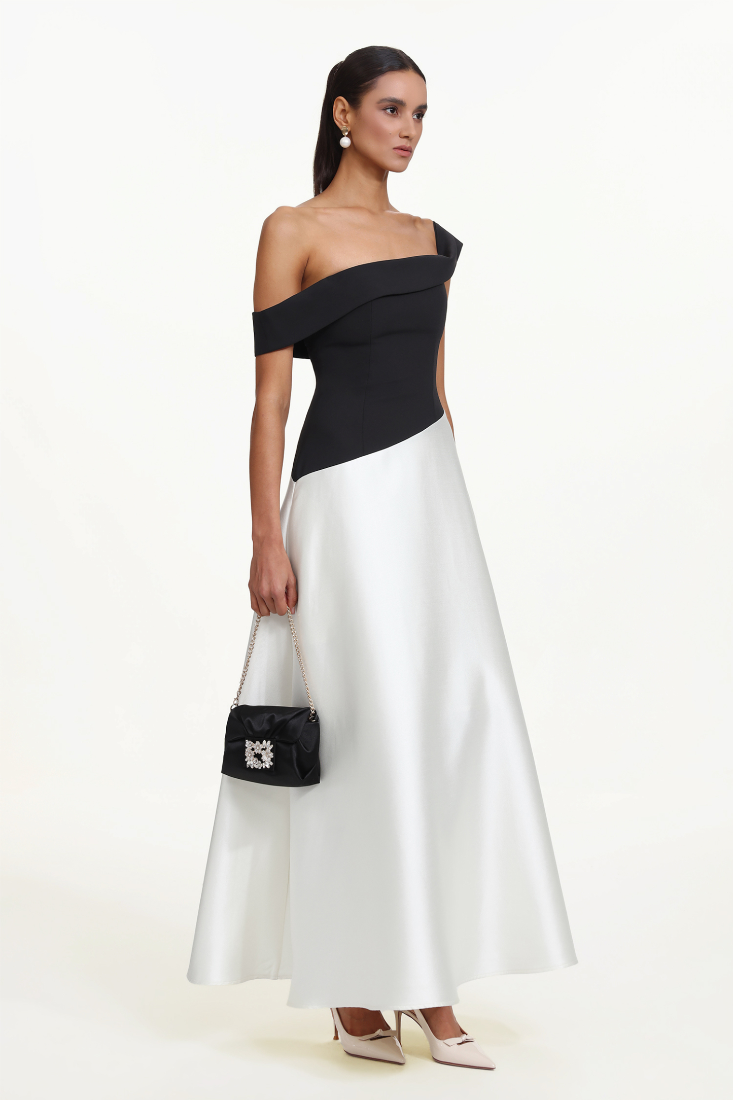 Xavier Elegant Tailored Off Shoulder Contrast Maxi Dress