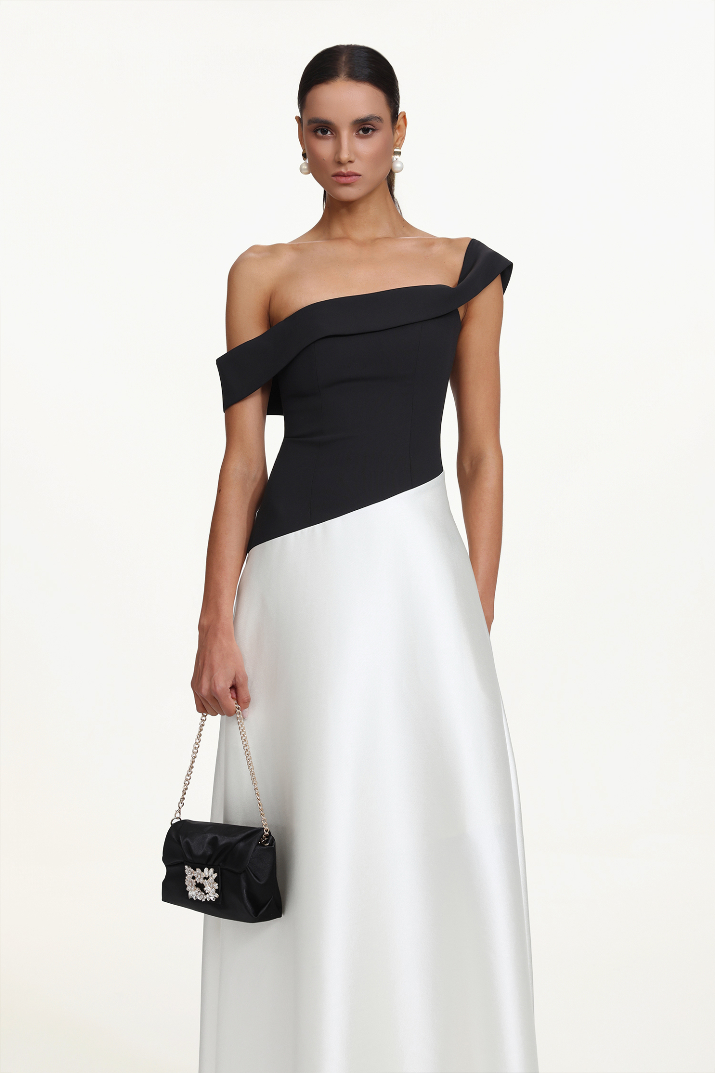 Xavier Elegant Tailored Off Shoulder Contrast Maxi Dress