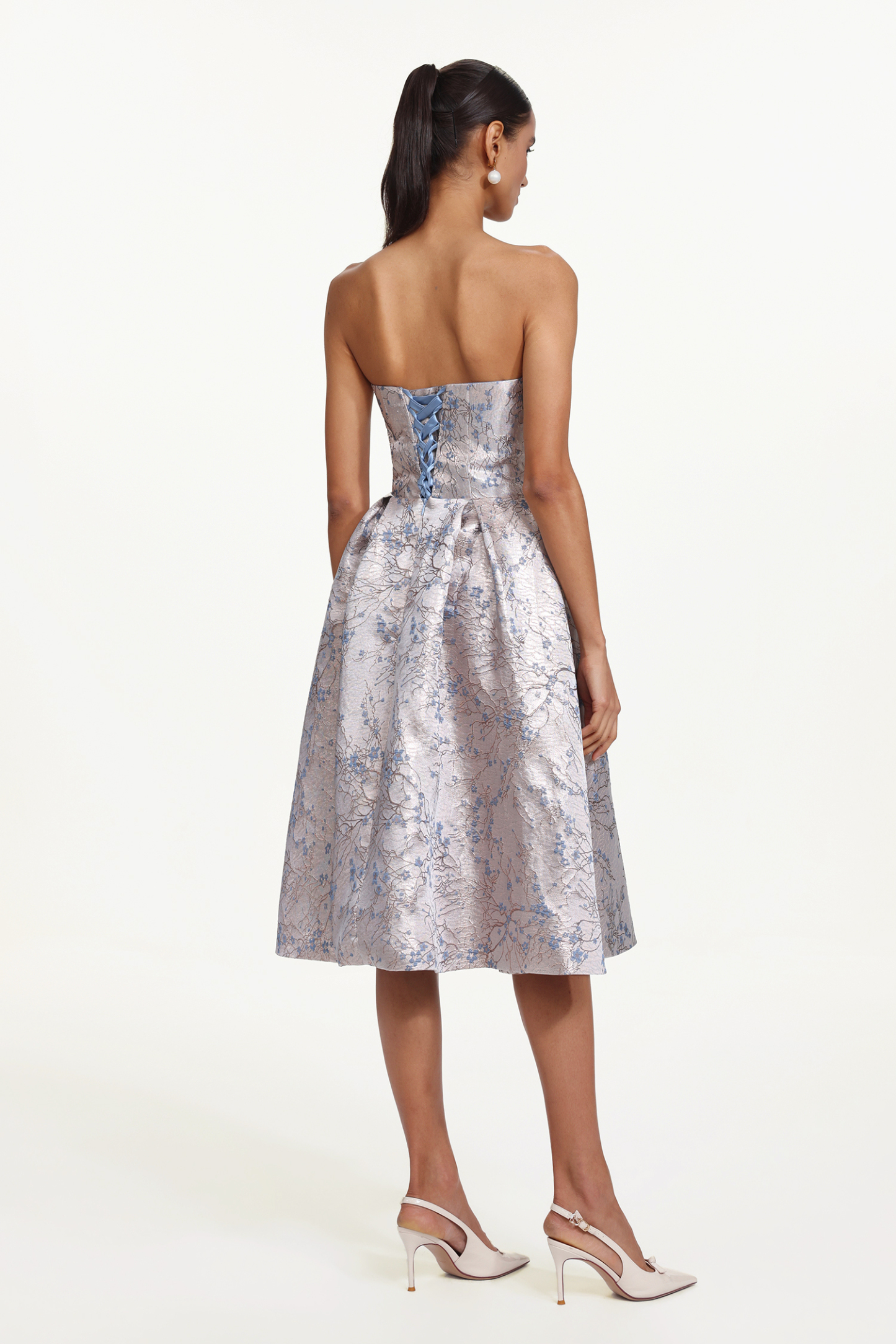 Valo Elegant Tailored Strapless Floral Jacquard Maxi Dress