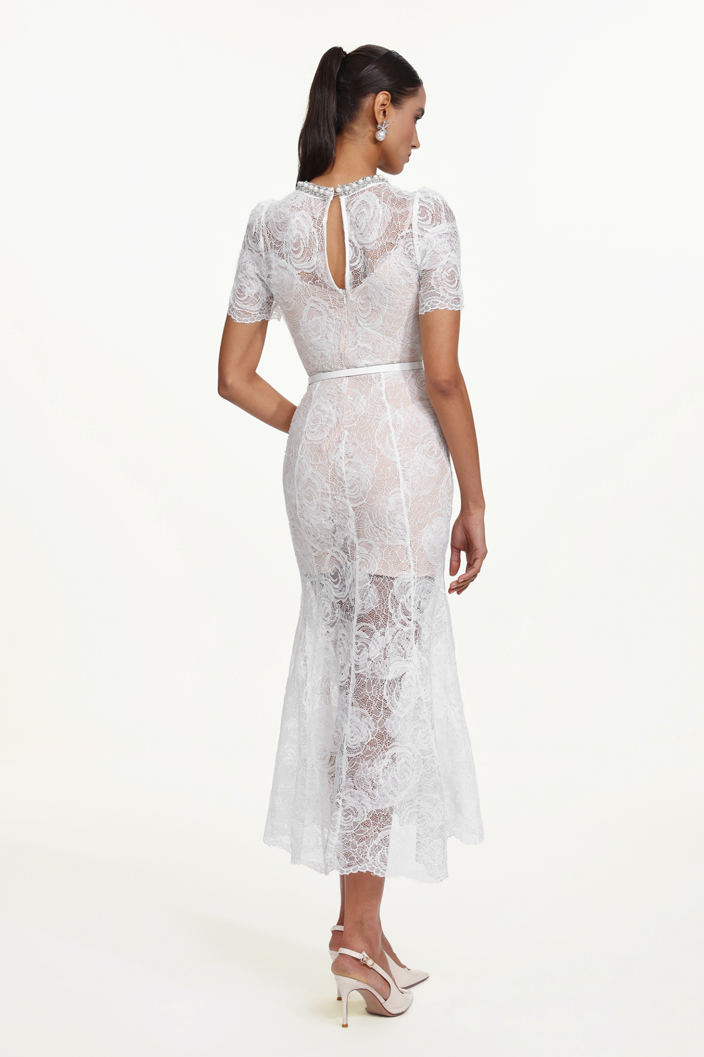 Samson Elegant Embellished Short Sleeve Pearl Lace Maxi Dress
