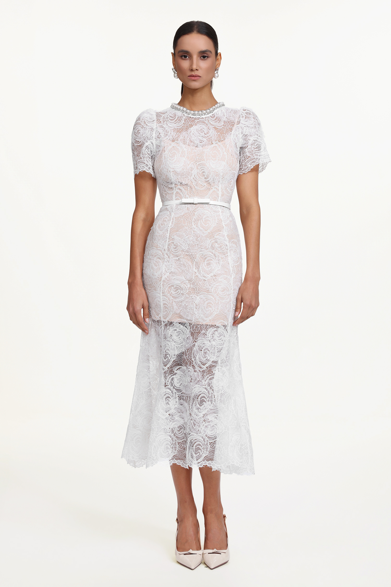 Samson Elegant Embellished Short Sleeve Pearl Lace Maxi Dress