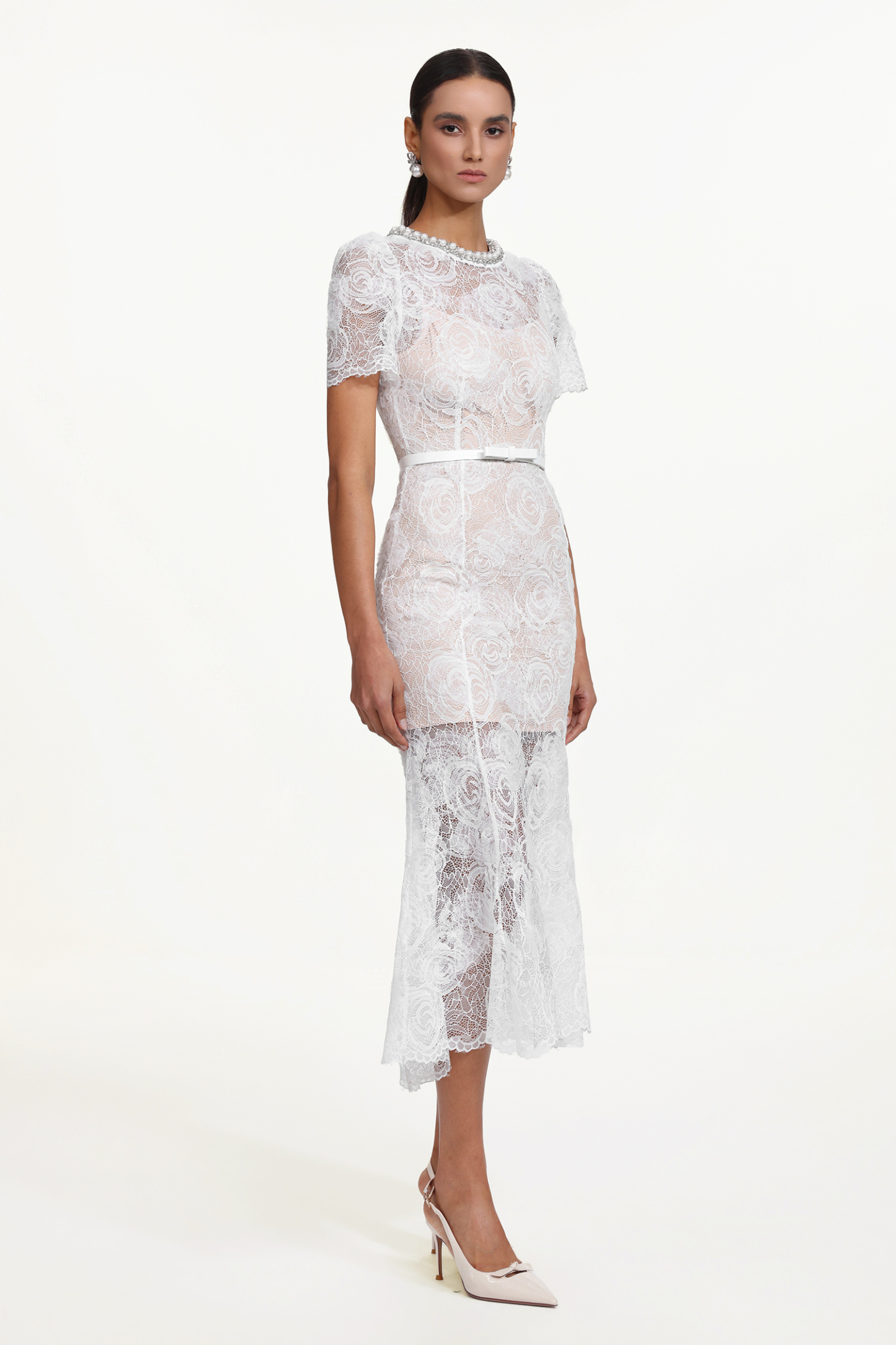 Samson Elegant Embellished Short Sleeve Pearl Lace Maxi Dress