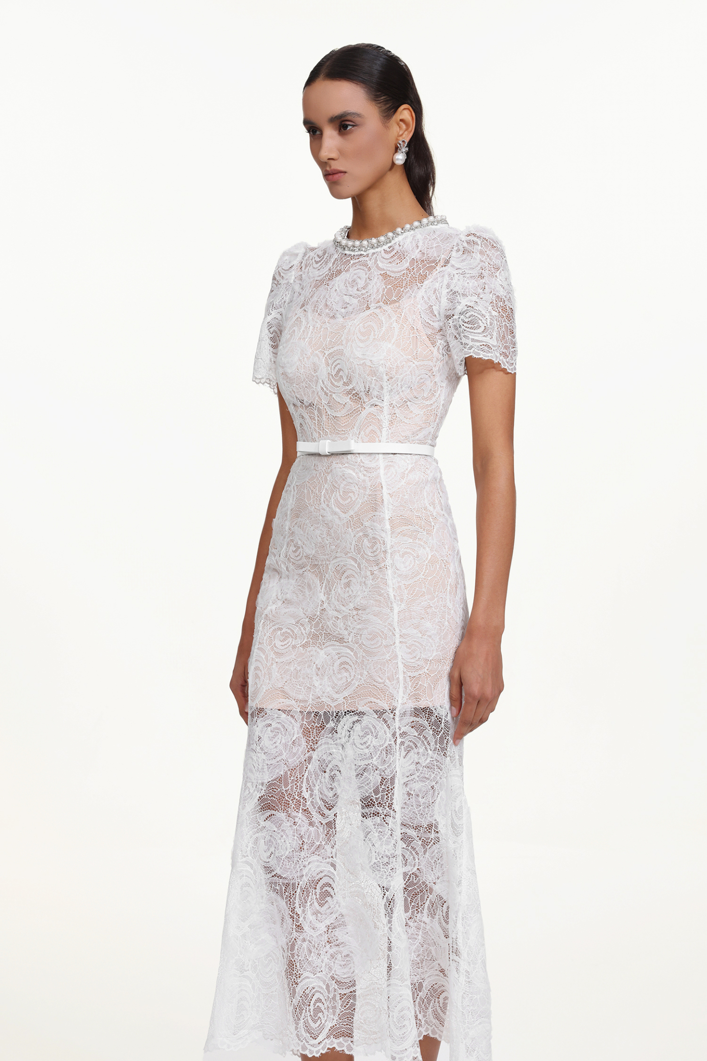 Samson Elegant Embellished Short Sleeve Pearl Lace Maxi Dress