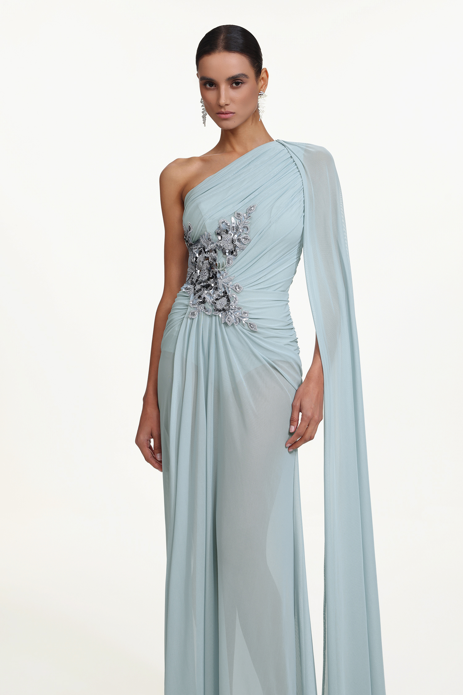 ワンピース Kaylee Elegant Flowy One Shoulder Sequin Embroidered Ruched Mesh