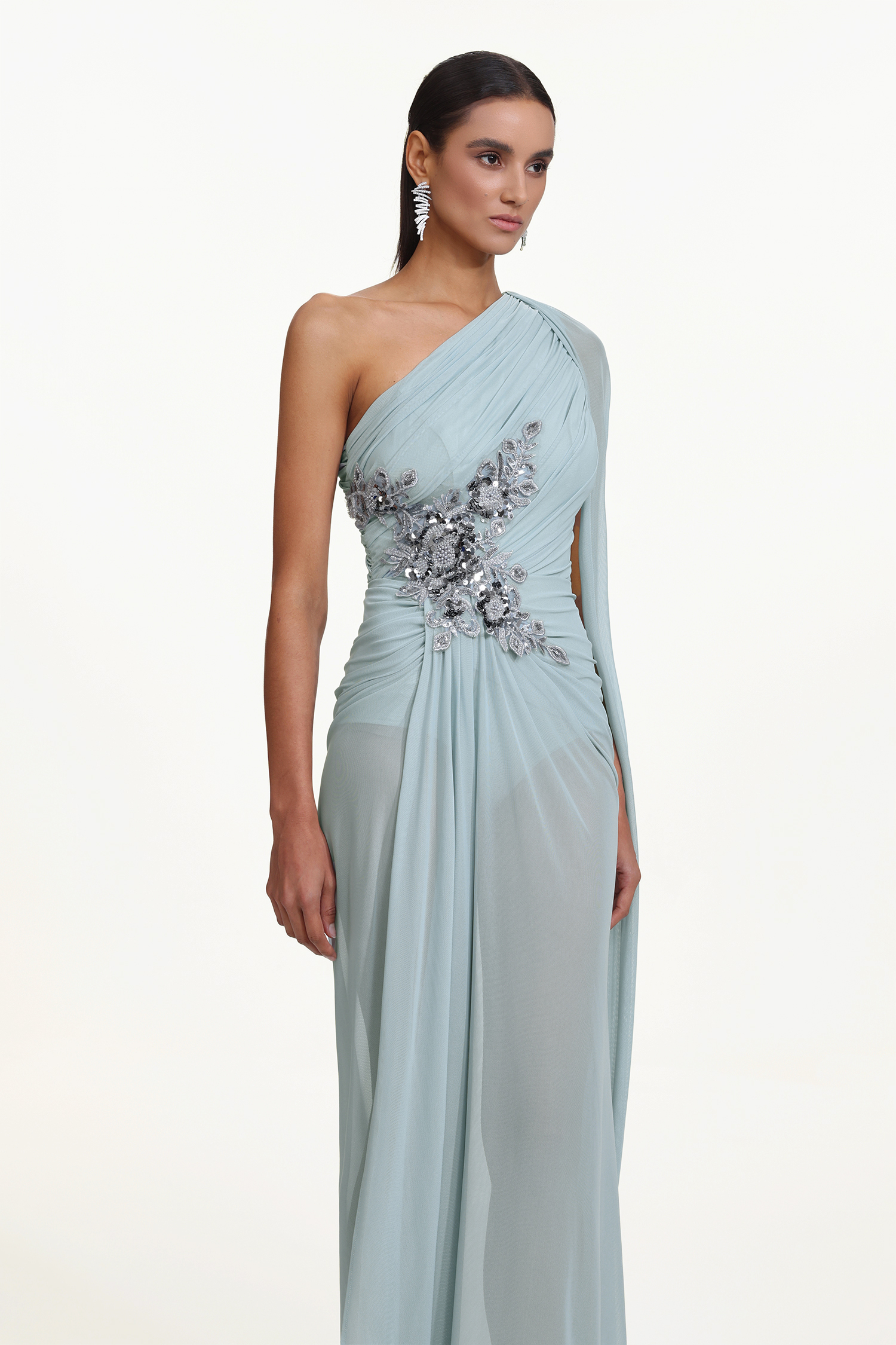 Kaylee Elegant Flowy One Shoulder Sequin Embroidered Ruched Mesh Maxi Dress