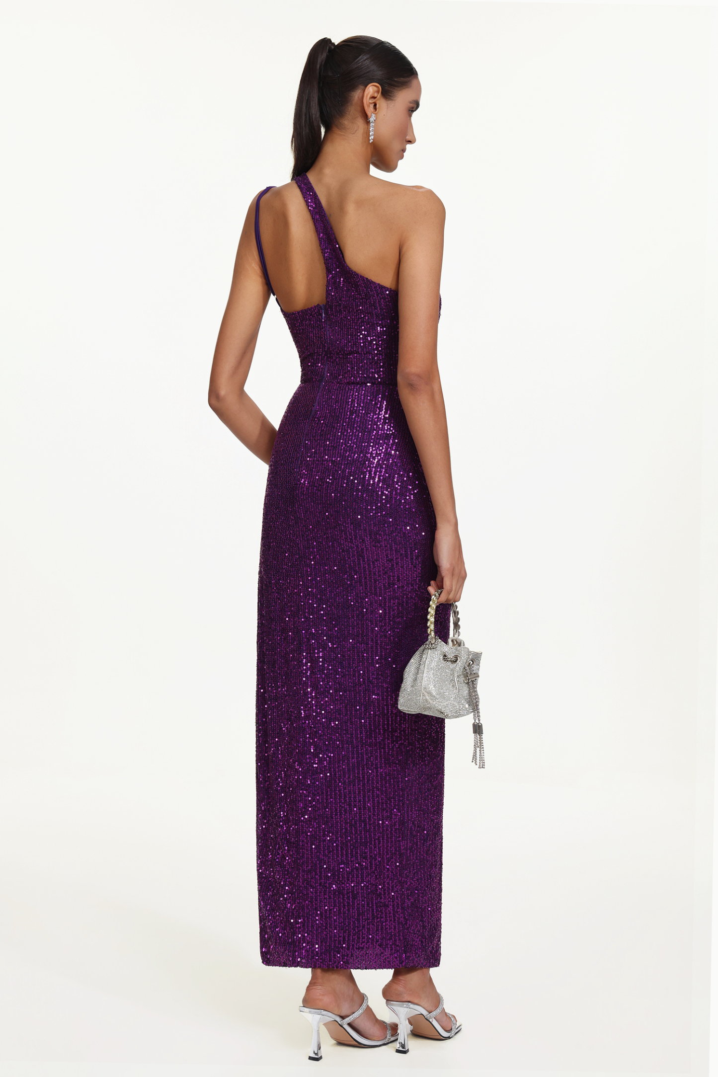 Julieta Glamorous Contour Sleeveless Asymmetric Sequin Maxi Dress