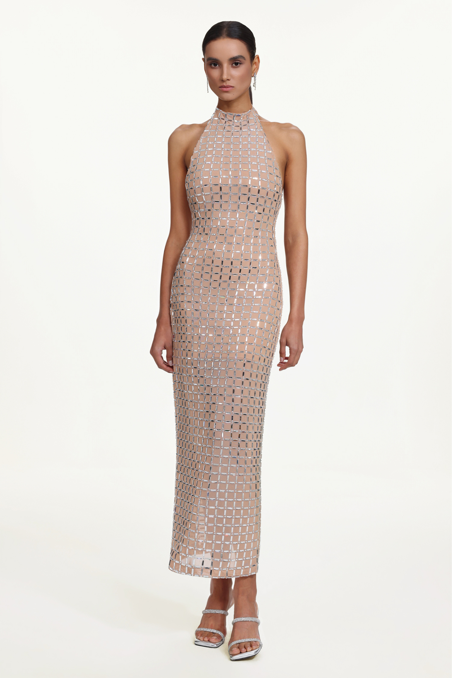 Sabryn Chic Contour Halter Sleeveless Crystal Maxi Dress